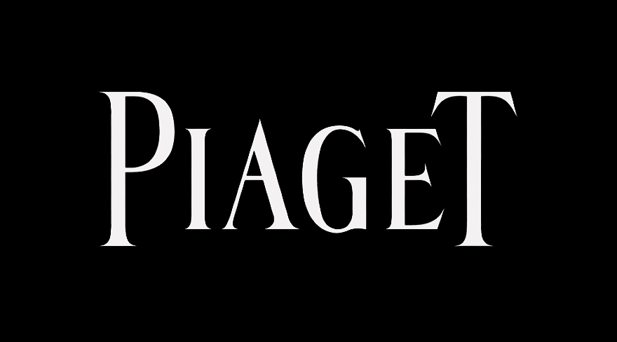 Logo blanc de Piaget sur fond noir.