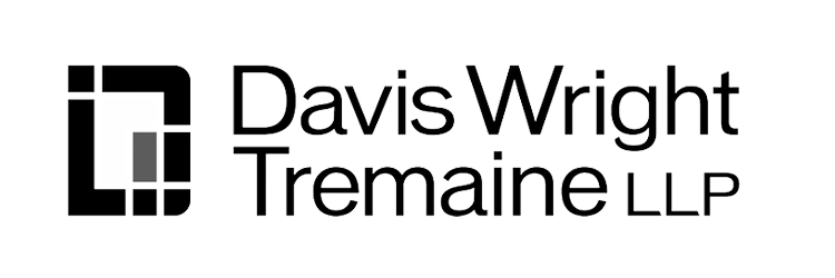 Logo for Davis Wright Tremaine LLP legal firm with black background and white text.