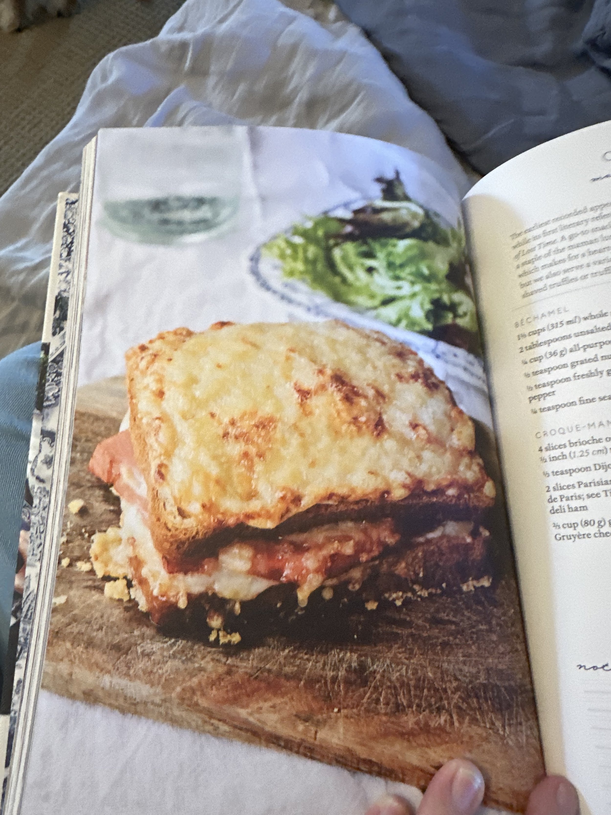 A cookbook open to a page showing a close-up photo of a baked dish on a wooden cutting board, with a side salad in the background.