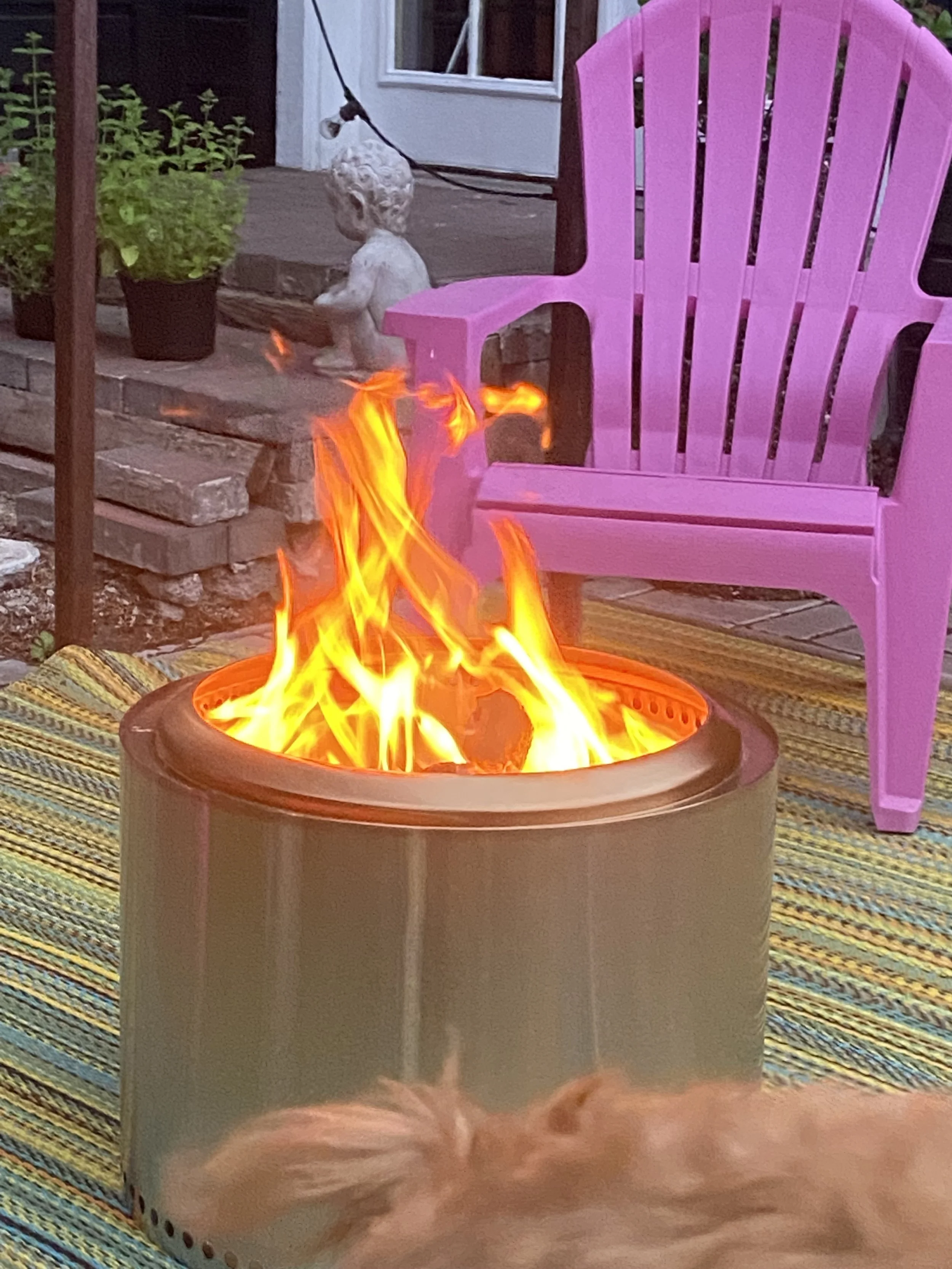 Outdoor scene with a lit fire pit, a pink Adirondack chair, a small stone statue of a cherub or angel, potted plants, and a dog lying on a colorful striped rug.