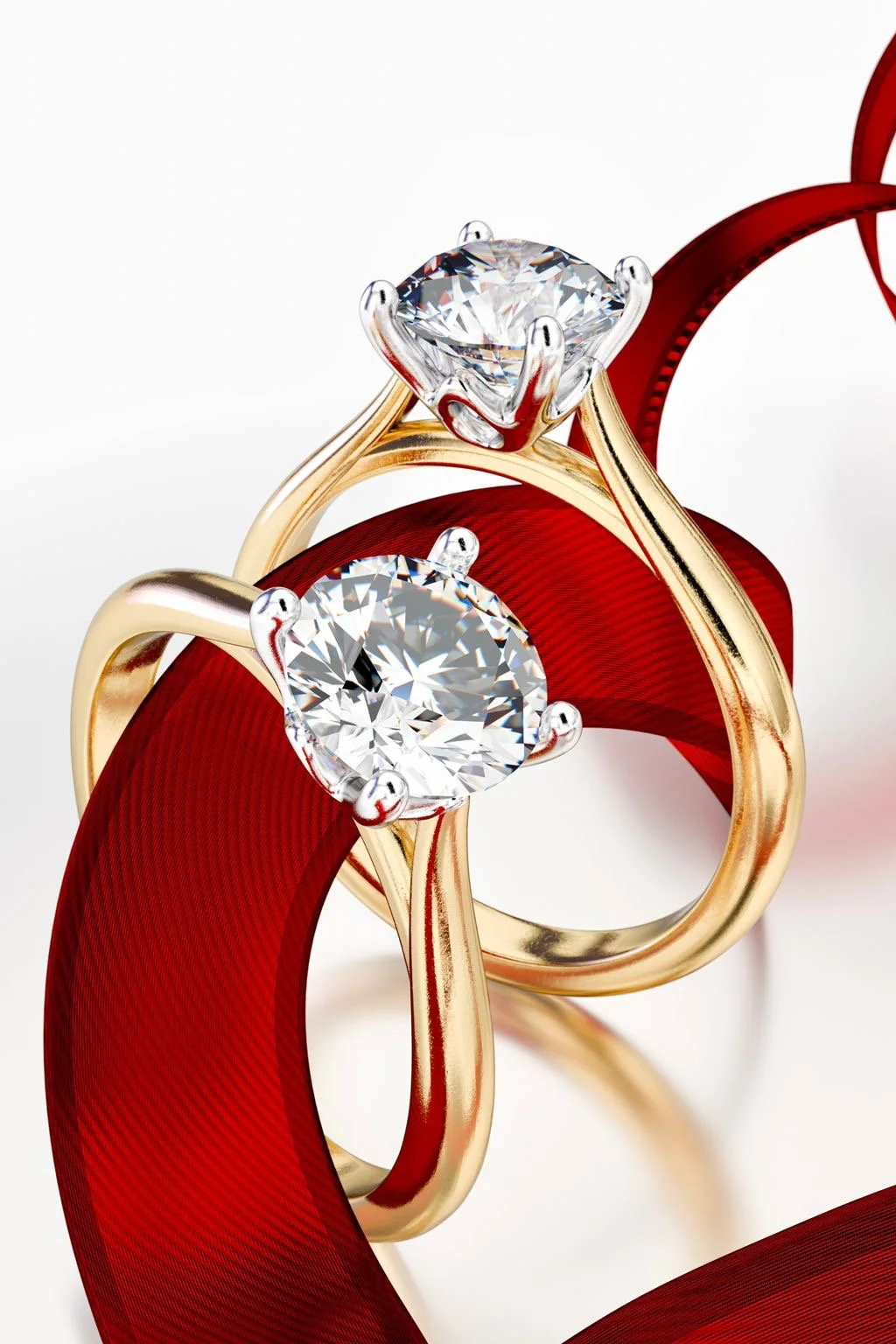 Two round cut diamond engagement rings in yellow gold 18K