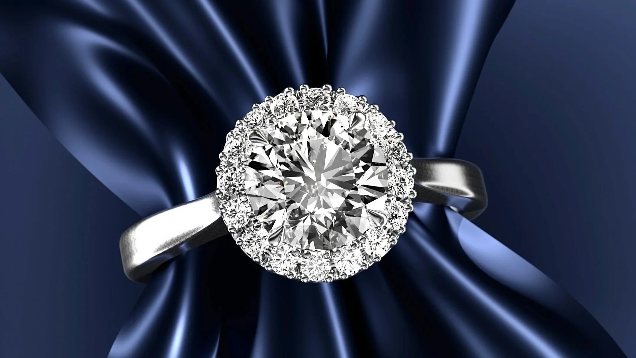 Close up view round diamond halo ring