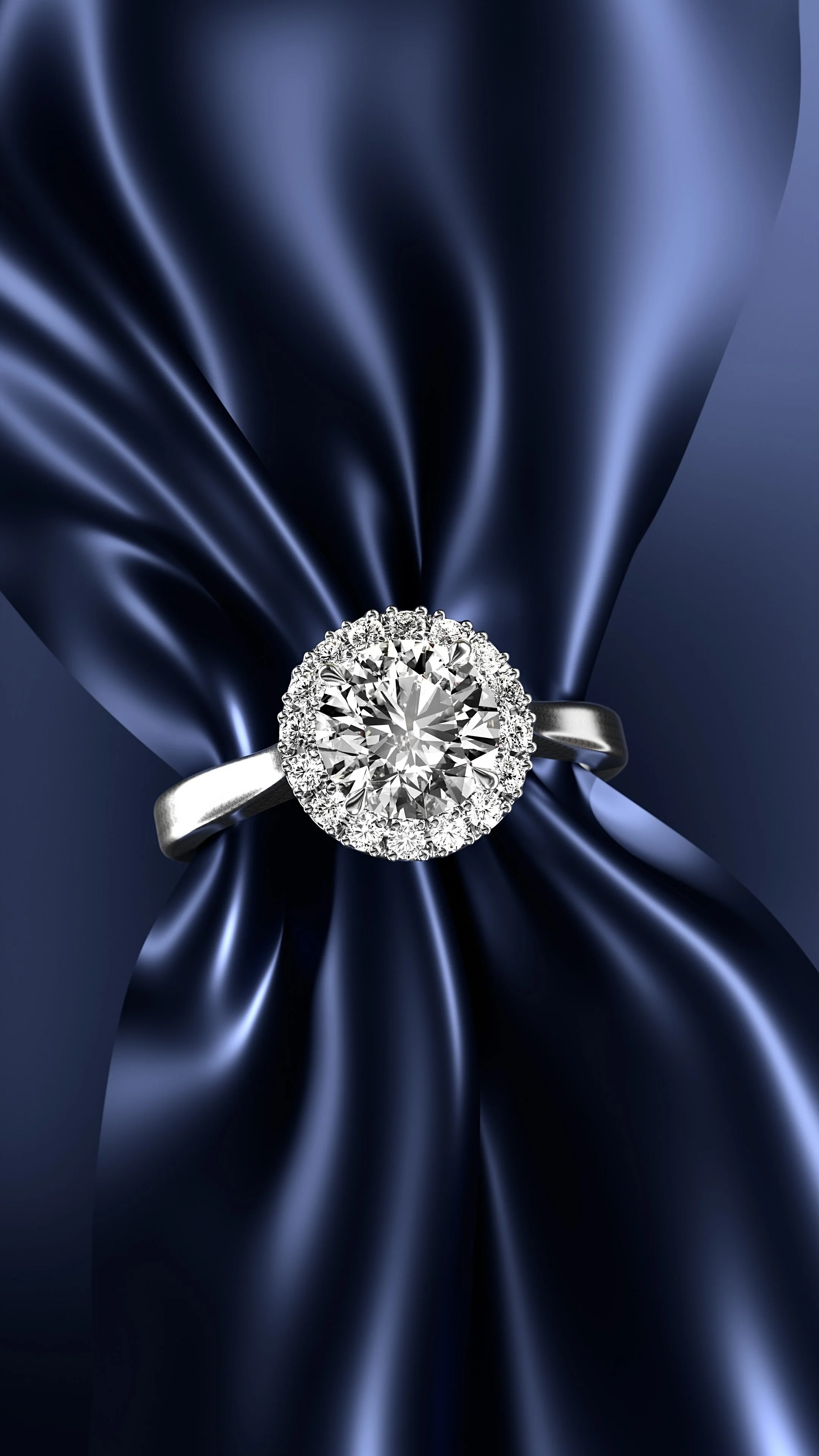 Luxurious halo designed diamond ring with a central round diamond surrounded by smaller diamonds.