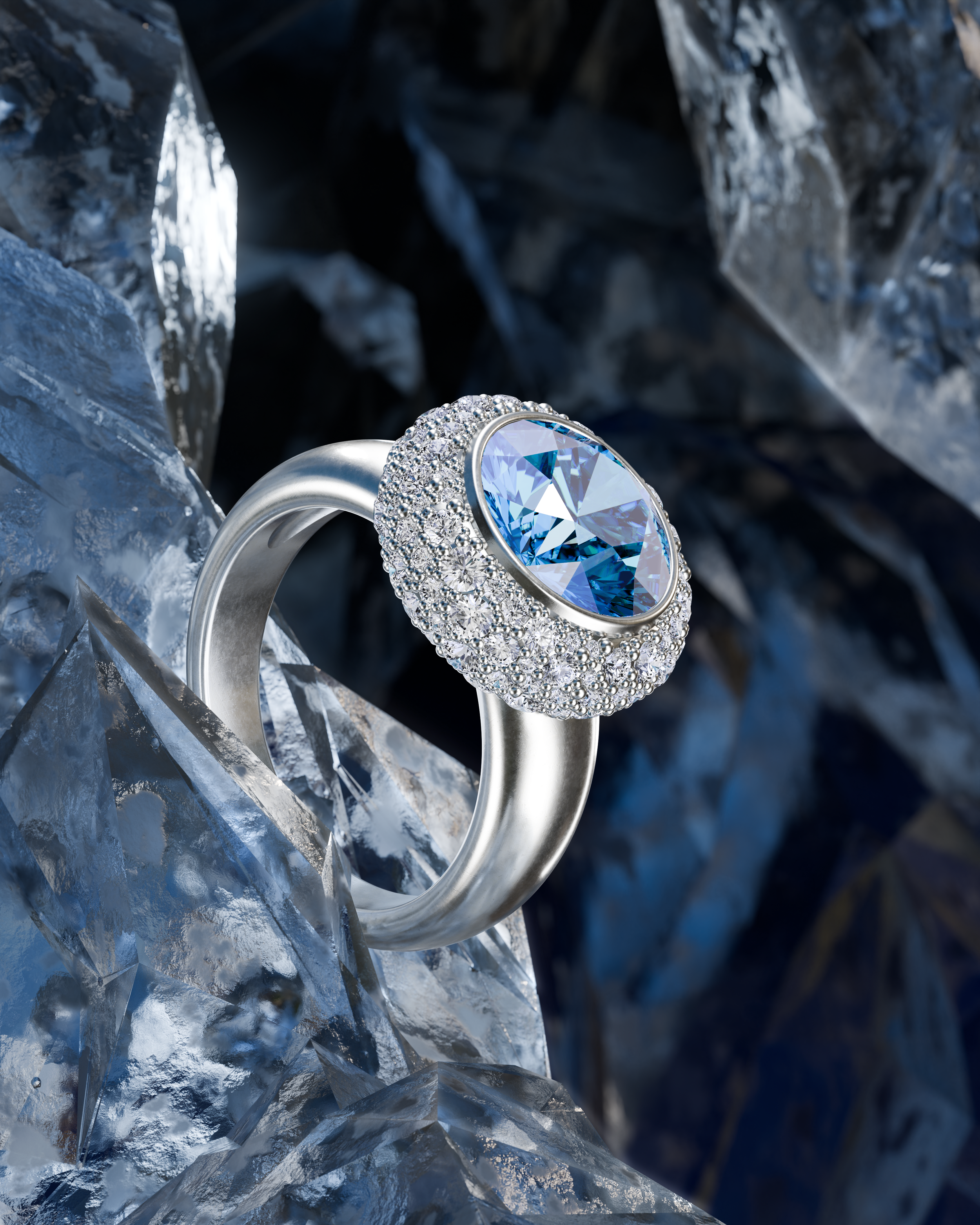 round blue diamond ring, halo design snow set with diamonds