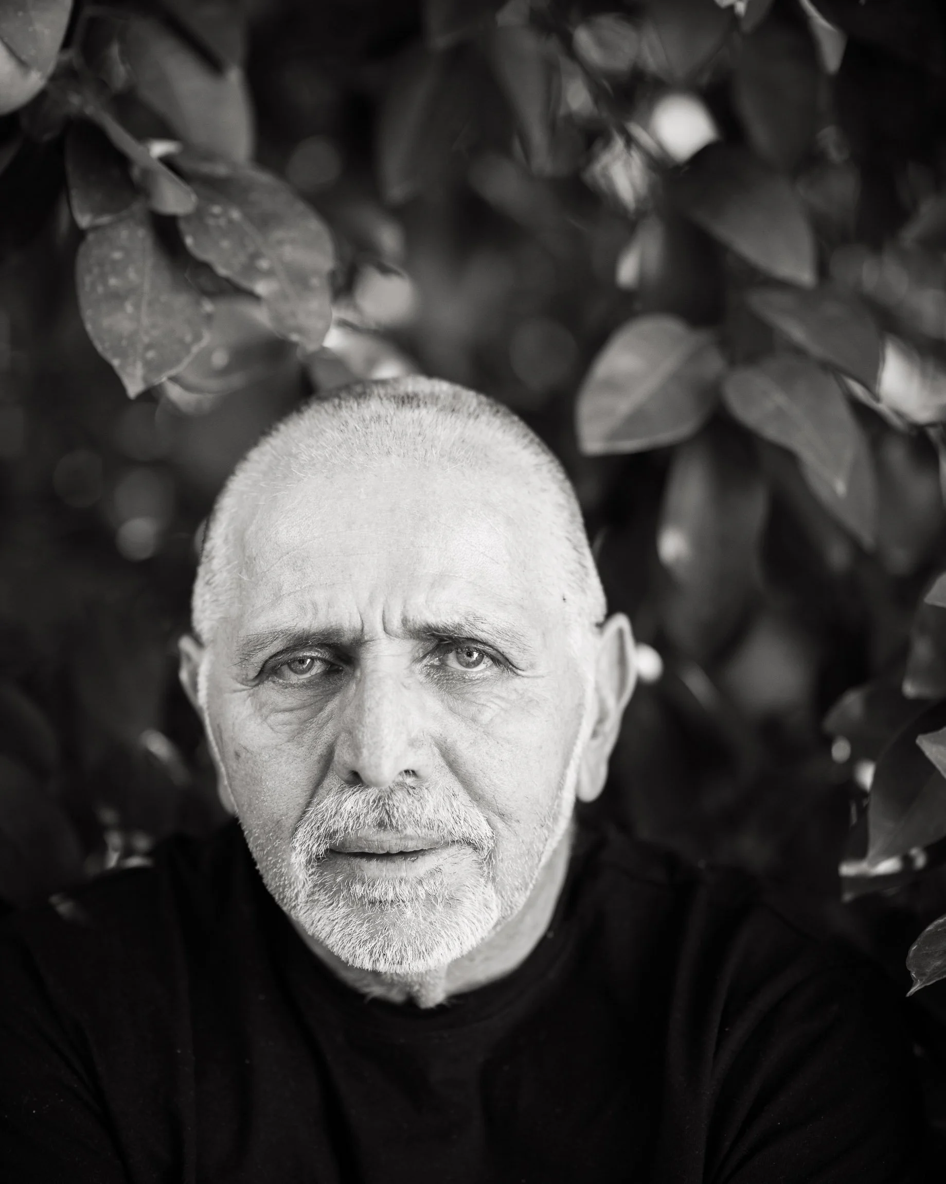 Monochrome image of man with stubble hair and beard and striking eyes outdoors, looking at viewer, his black shirt and the leaves behind him creating a dark frame for his intense stare.