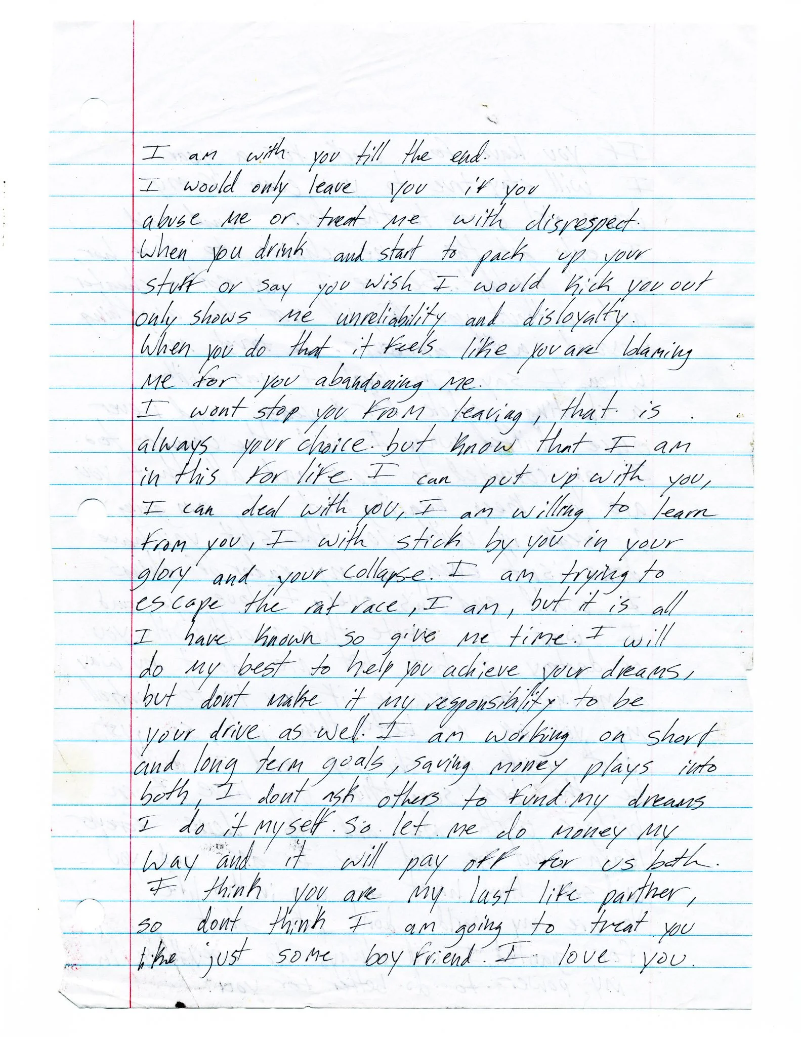 Letter to someone's boyfriend, handwritten on notebook paper, referring to deep problems in their relationship and hope for change.