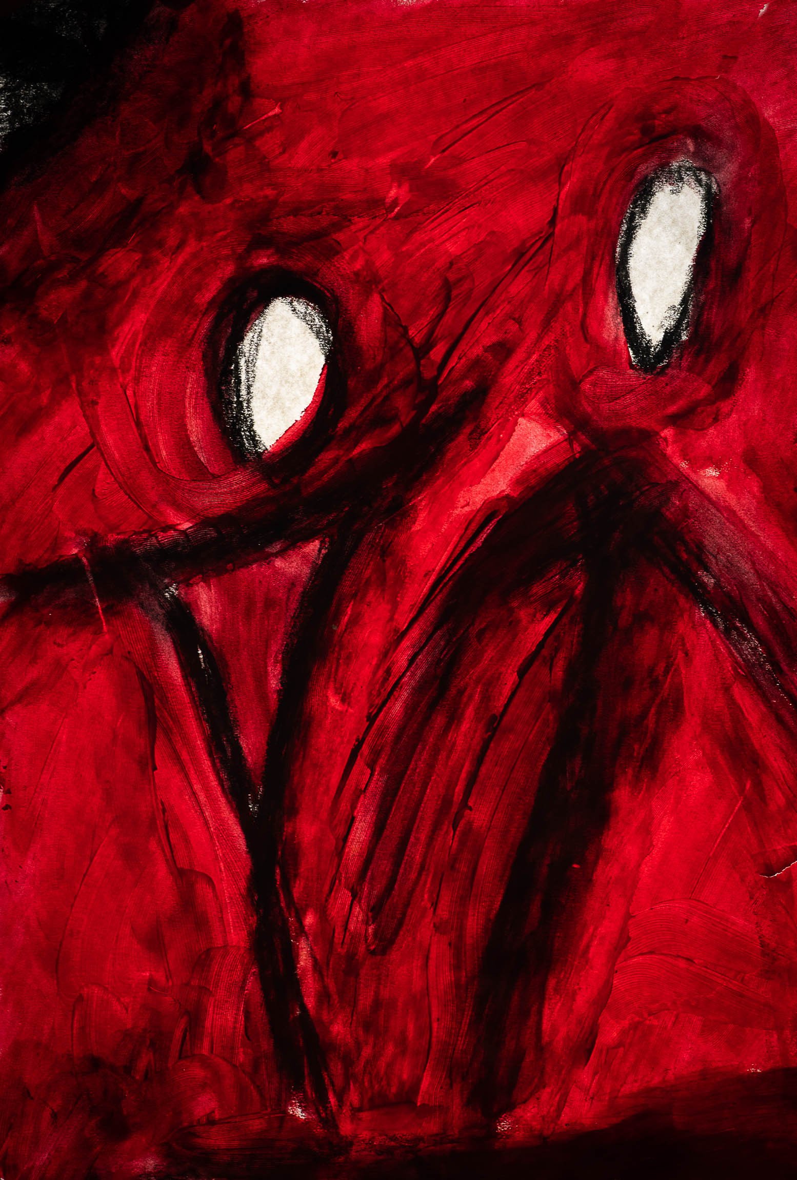 Rough semi abstract drawing of drawn black figures with white faces utterly blank on a crimson red background.