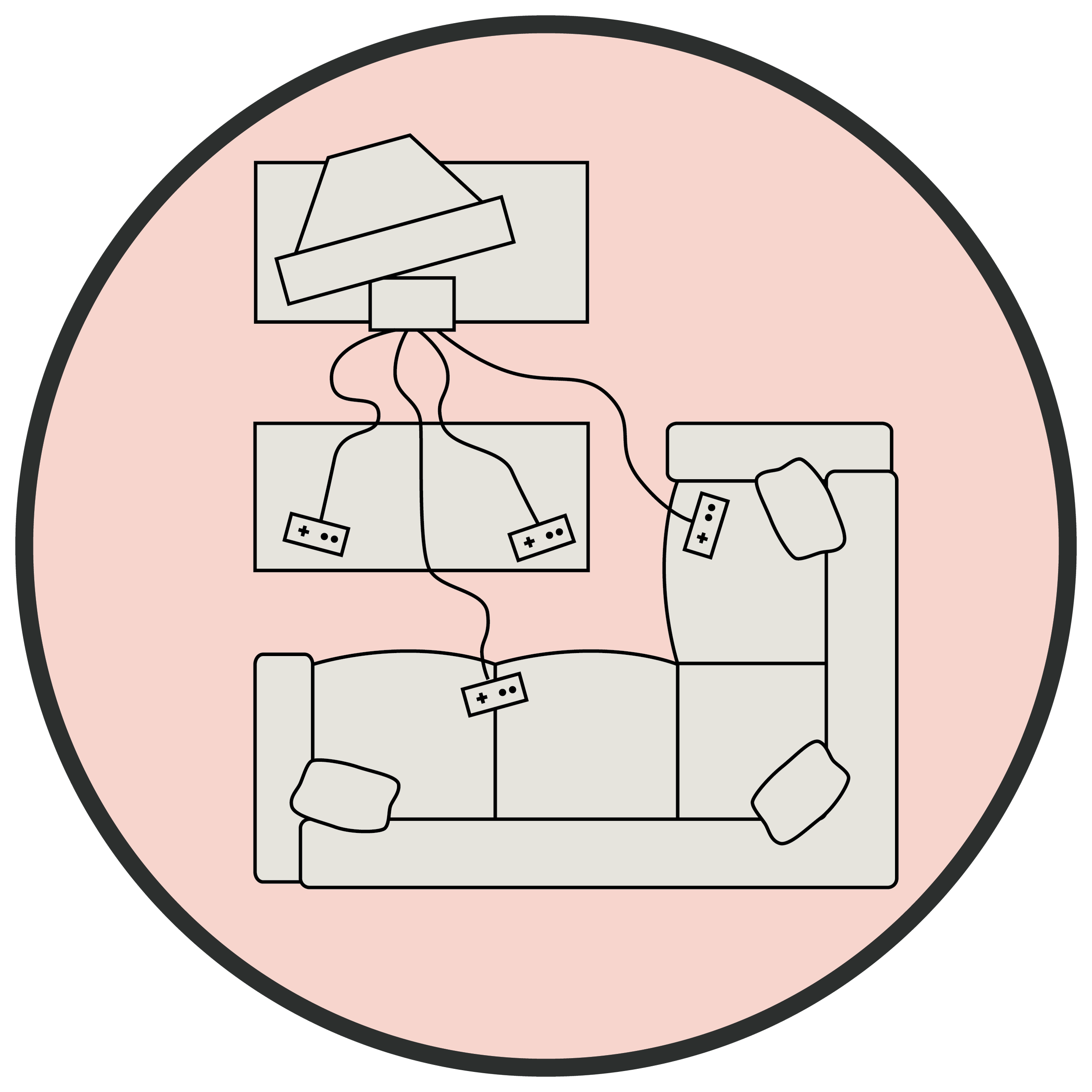 A living room with a light pink background, a white sofa with three cushions, a coffee table with gaming controllers connected to wires, and a wall-mounted TV with remotes on top.