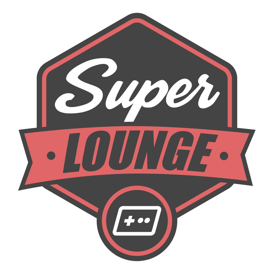 Logo with the words "Super Lounge" in stylized font, featuring a gaming controller icon beneath.