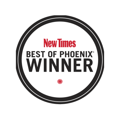 Badge indicating 'Best of Phoenix Winner' by New Times with years 2022, 2023, 2024, and 2028 around the circle.