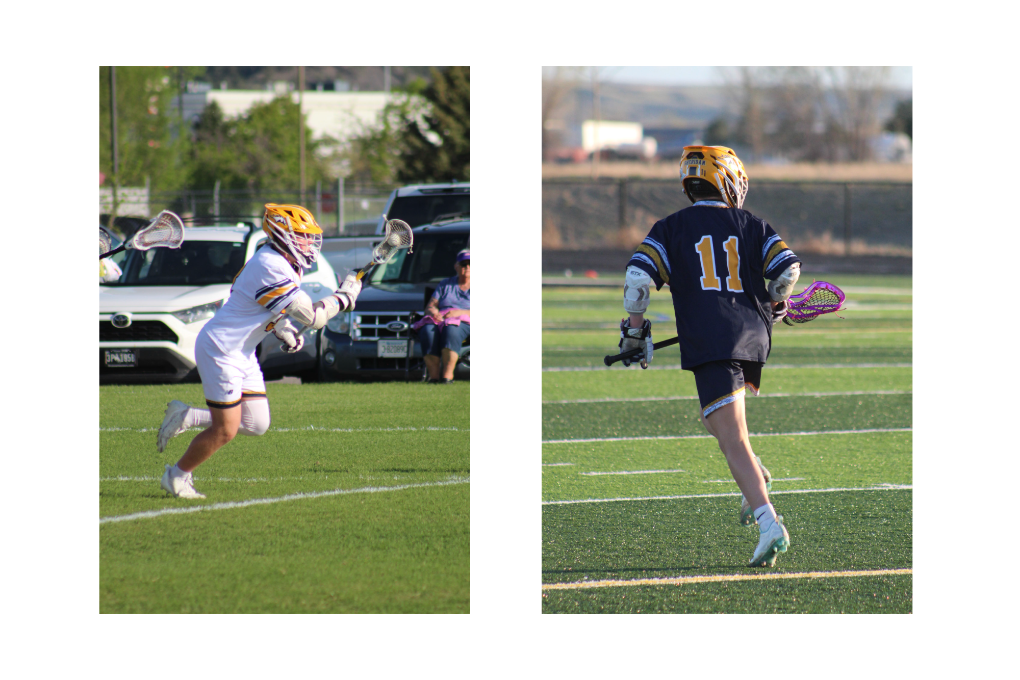 High school lacrosse players with branded helmets and uniforms.