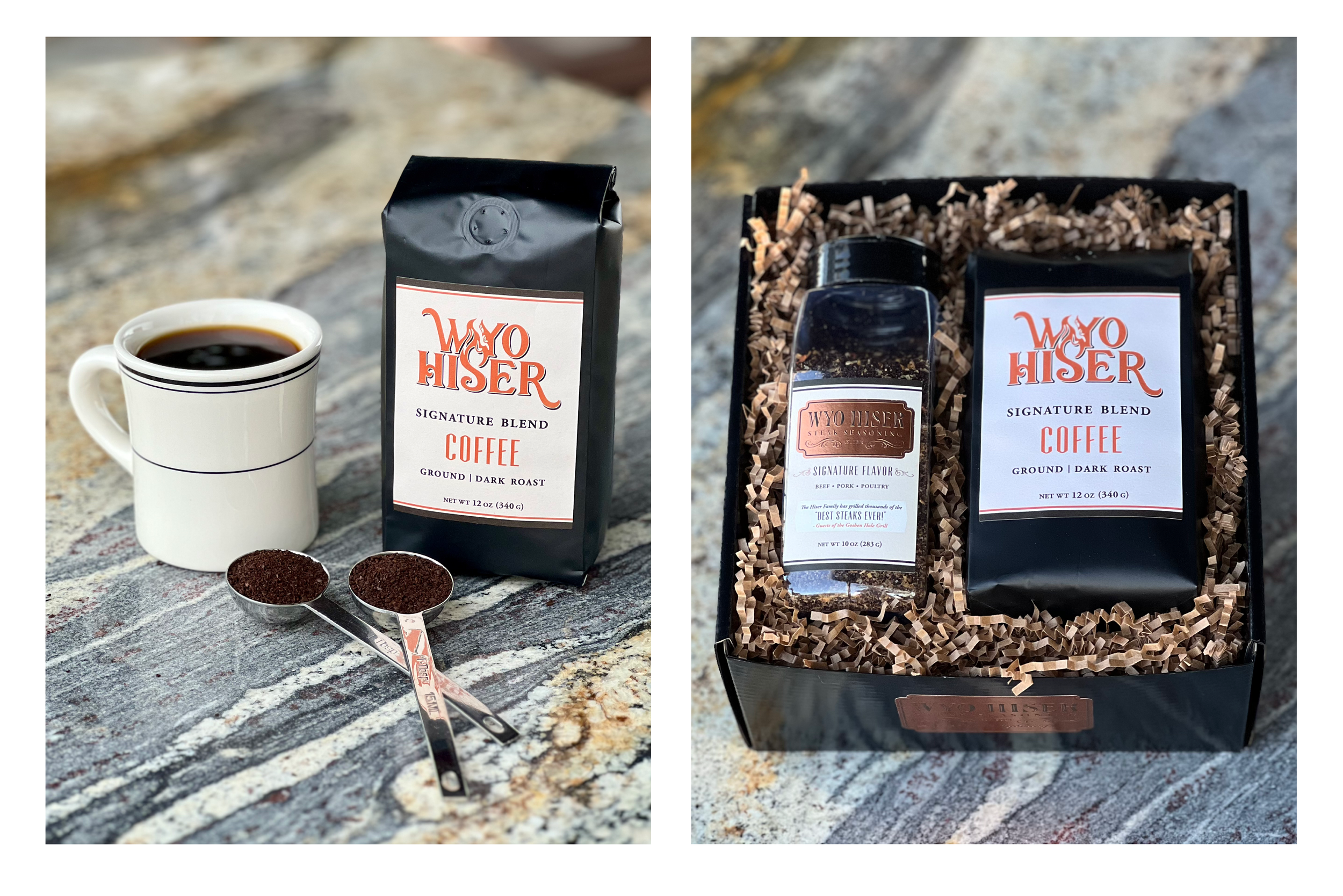 Giftbox presentation and coffee bag design for Wyo Hiser Seasoning.