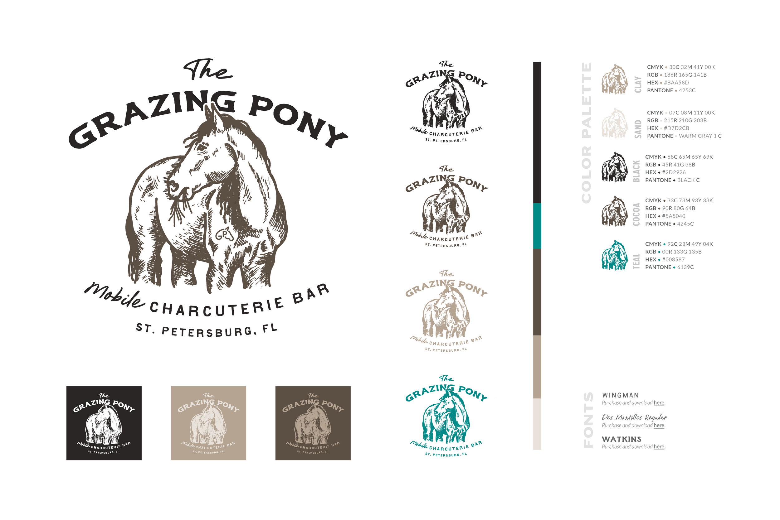 Branding elements including logo design and color palette.