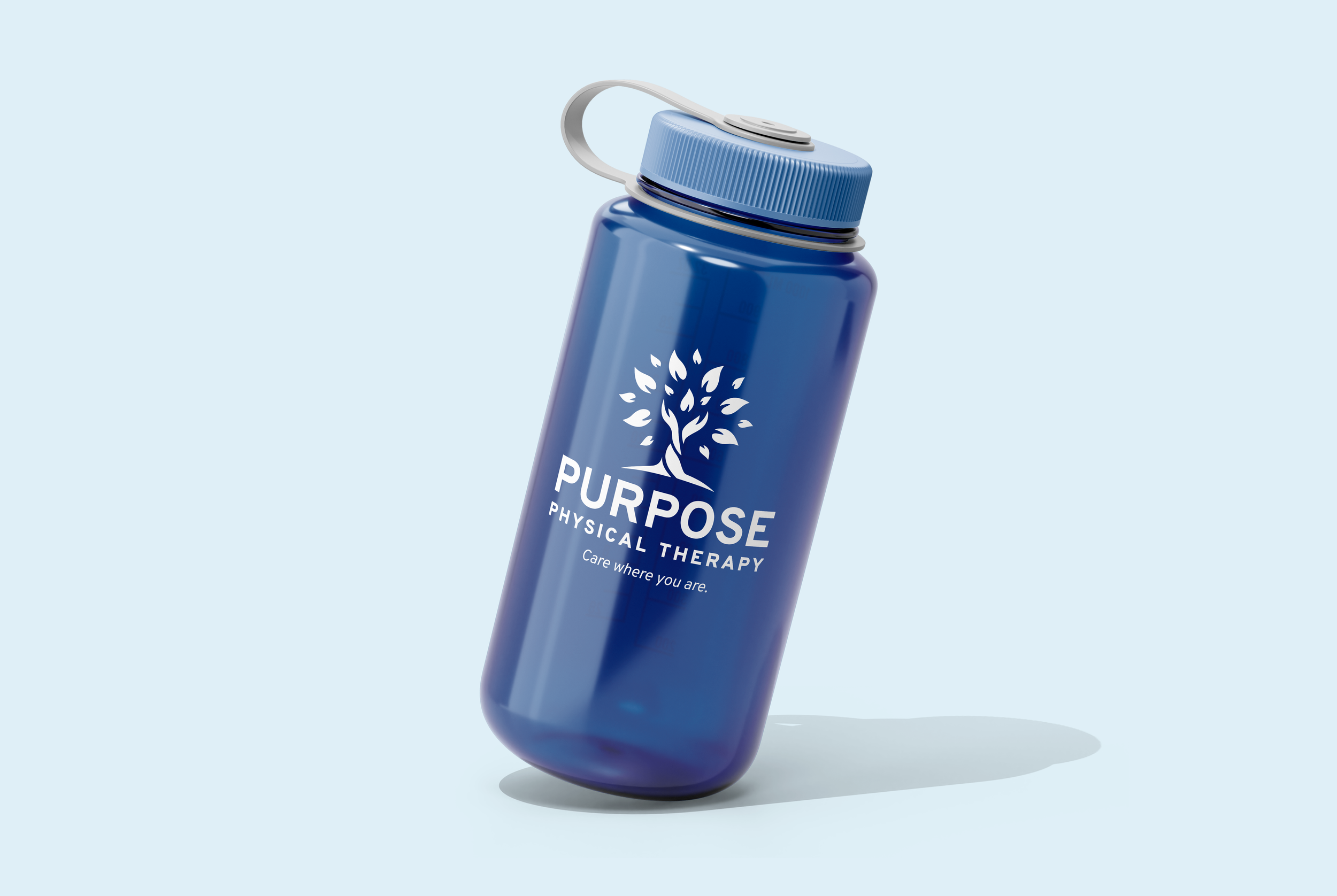 Purpose Physical Therapy branded water bottle mockup.
