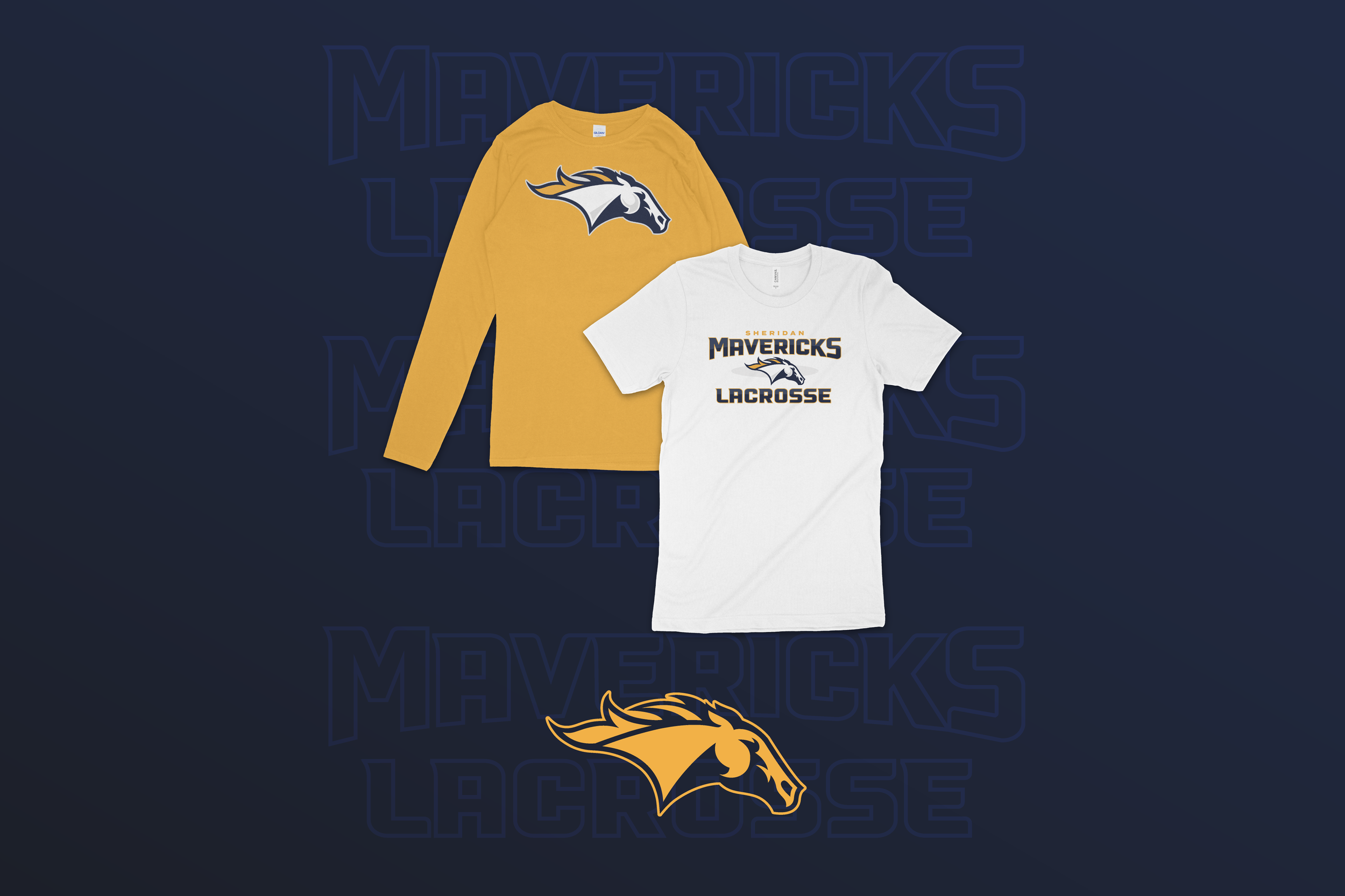 Sheridan Mavericks Lacrosse branding examples including apparel mockups and one-color gold logo.