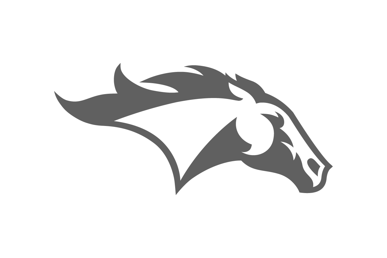 Stylized grayscale horse head logo with dynamic lines and details.