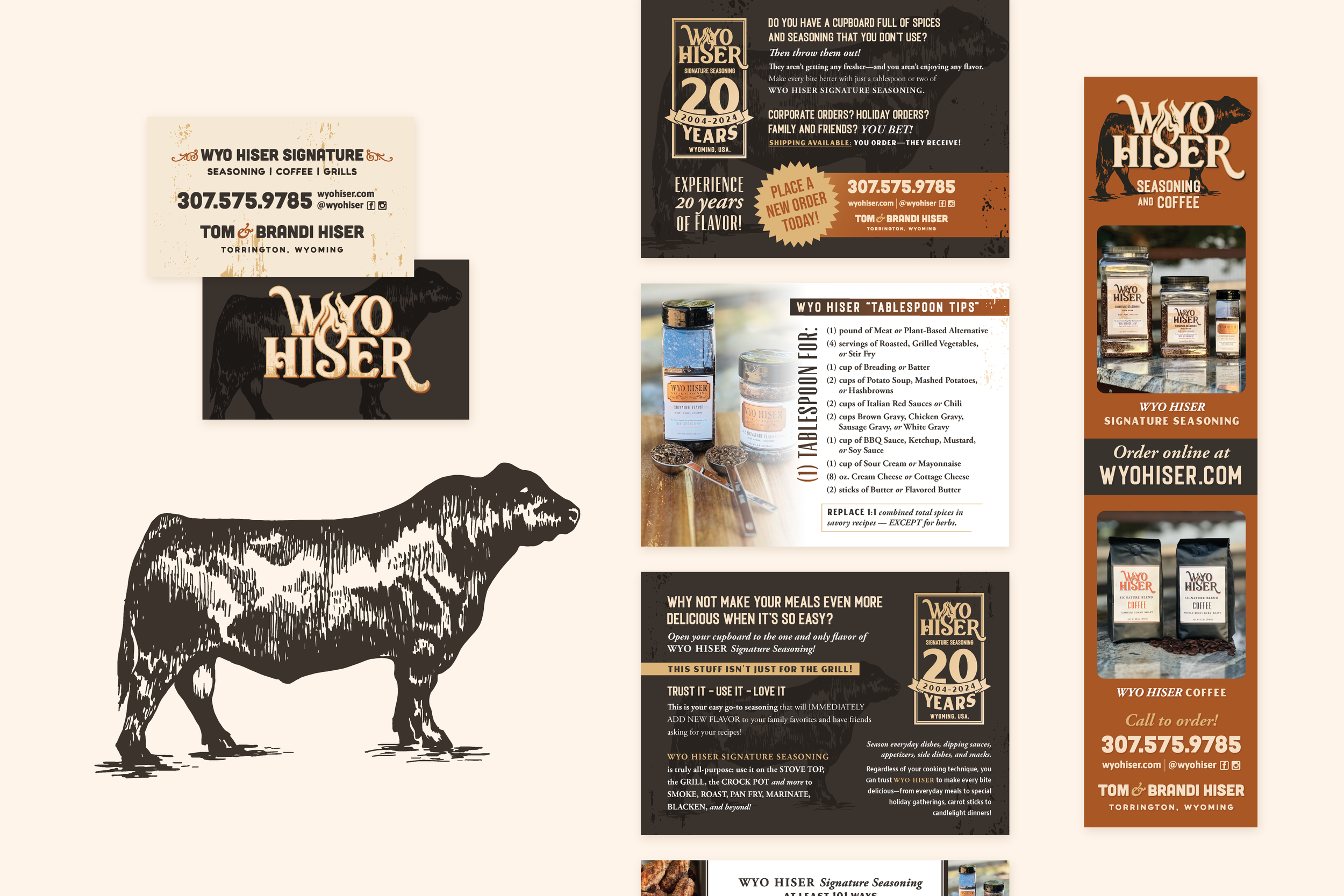 Business card, postcard, and advertisement design for Wyo Hiser Seasoning.