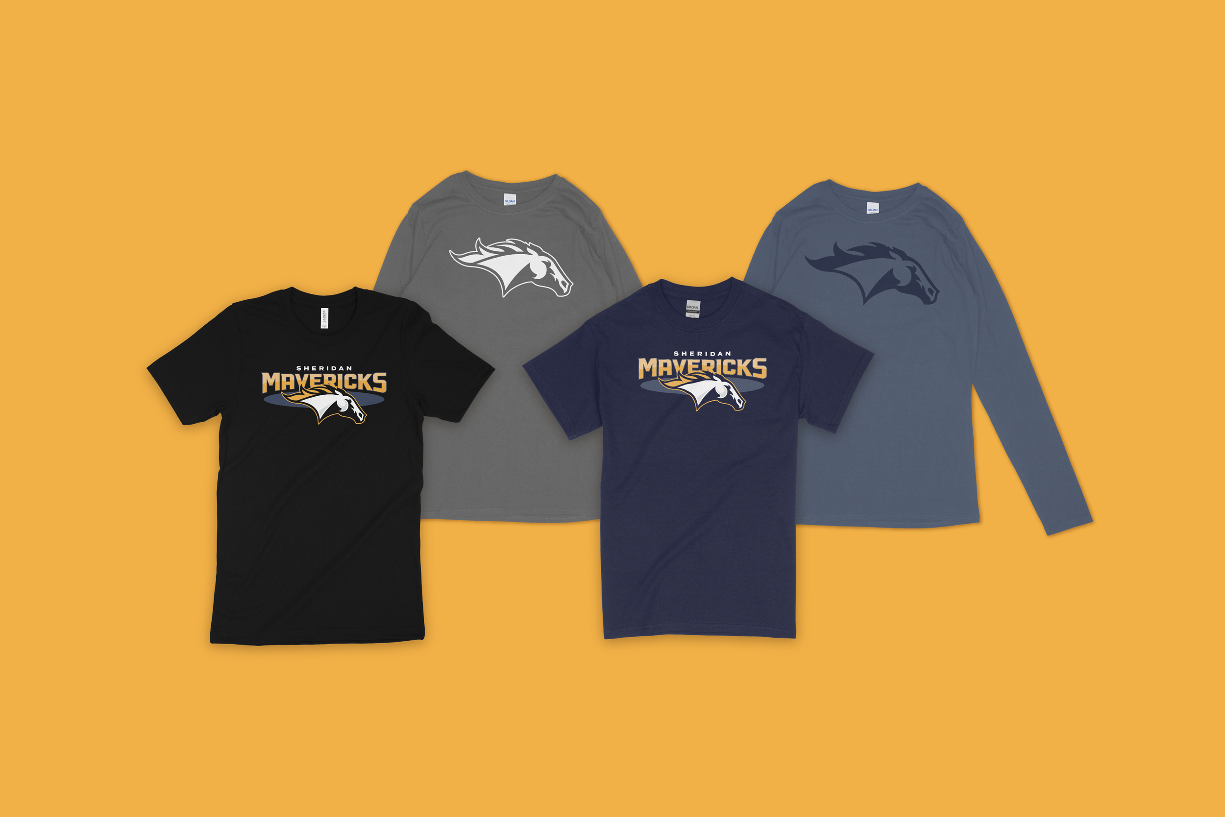 Sheridan Mavericks Lacrosse branded apparel mockups with long and short-sleeved shirts.