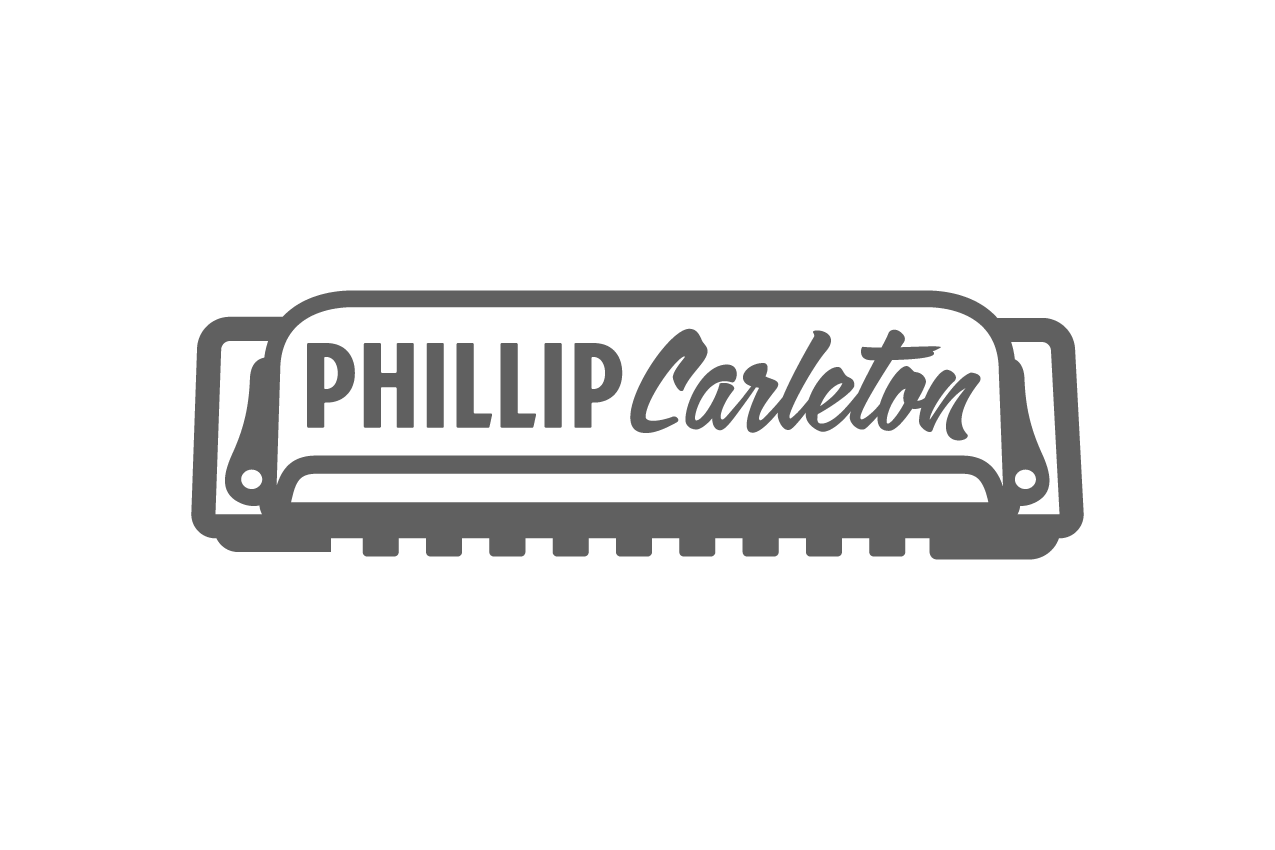 Logo for Phillip Carleton featuring a stylized harmonica and customized text.