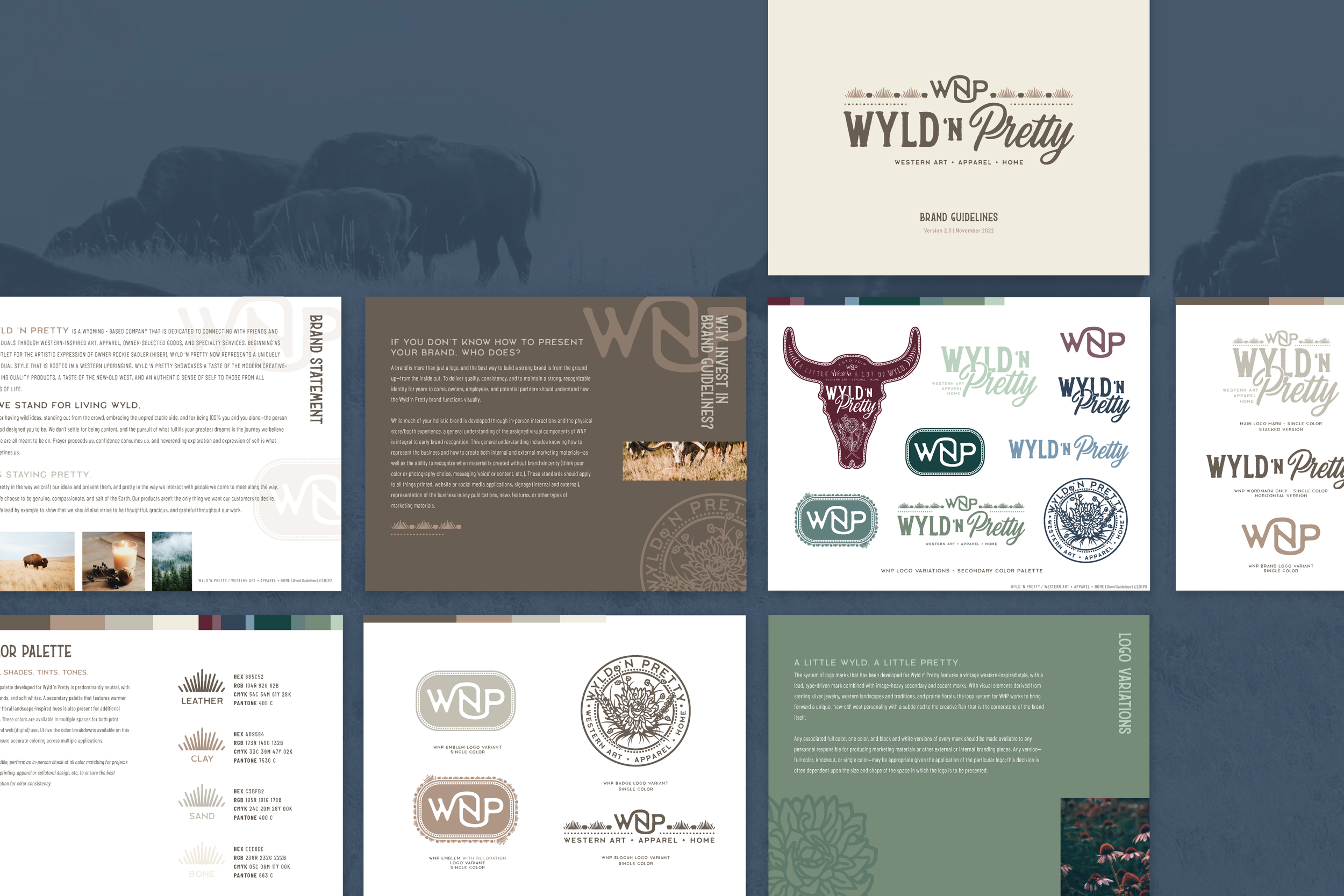 Wyld 'n Pretty brand guideline pages presented on a blue background.
