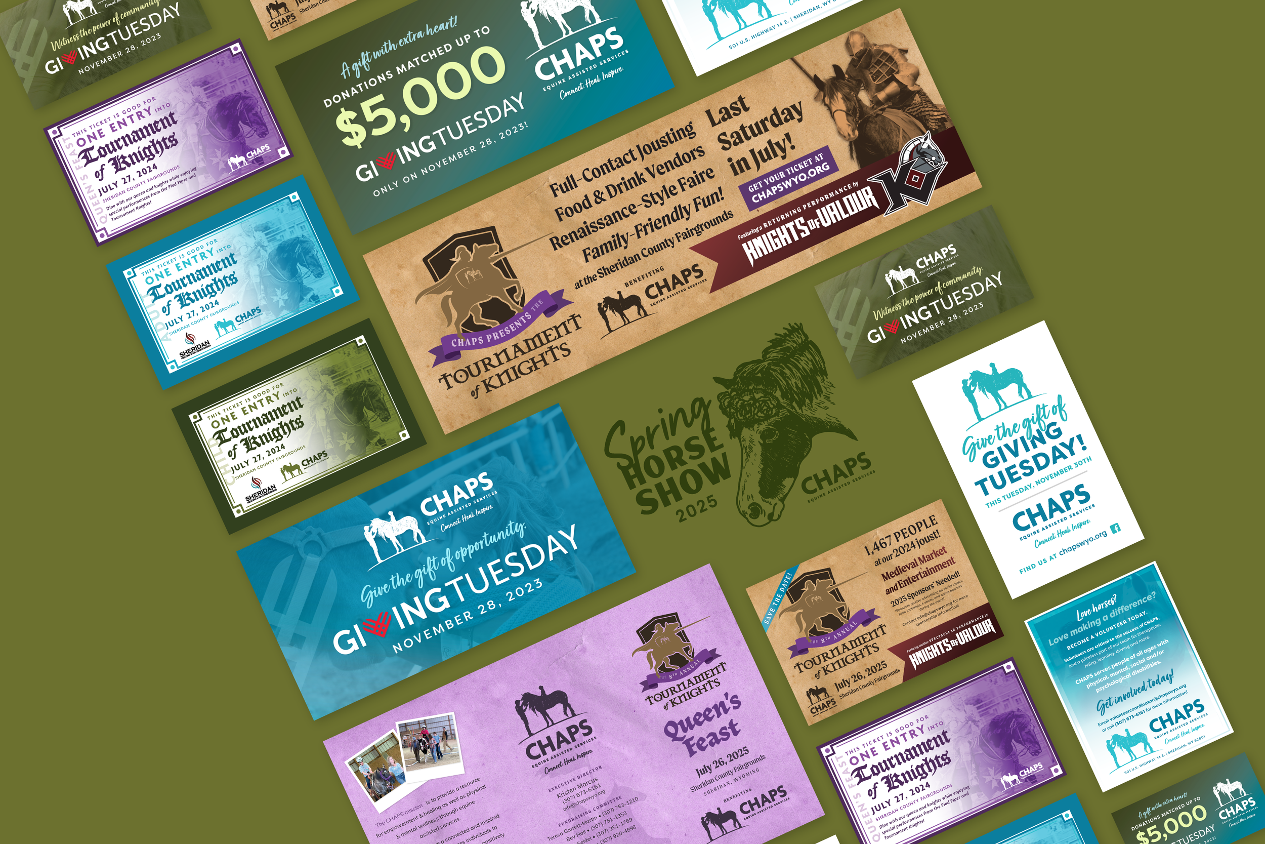Posters, banners, advertisements, and other graphic design examples for CHAPS Equine Assisted Services.