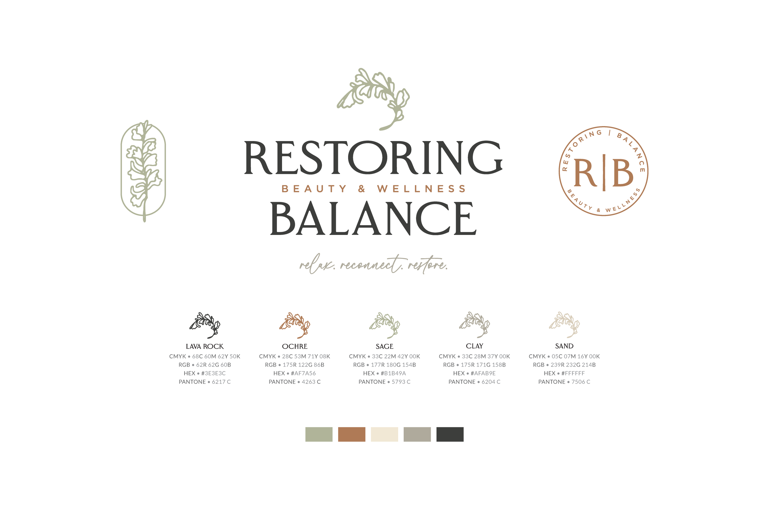 Branding for Restoring Balance, including logo design and color palette.