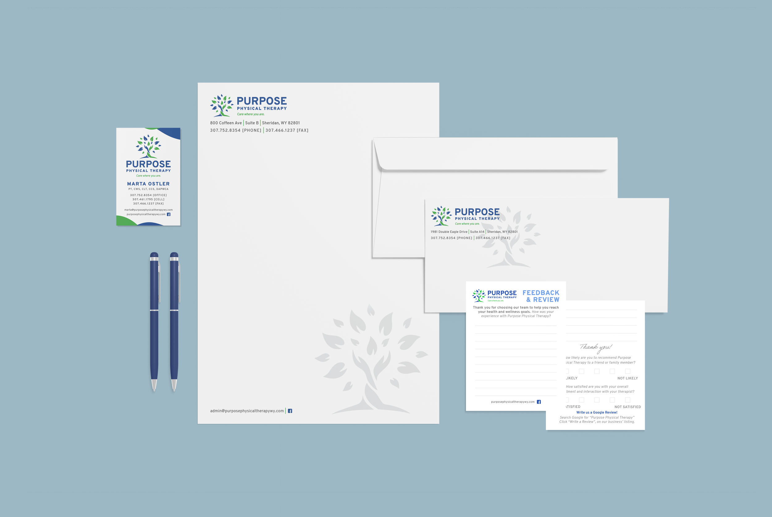 Purpose Physical Therapy stationery design including notepads, business cards, and letterhead design.
