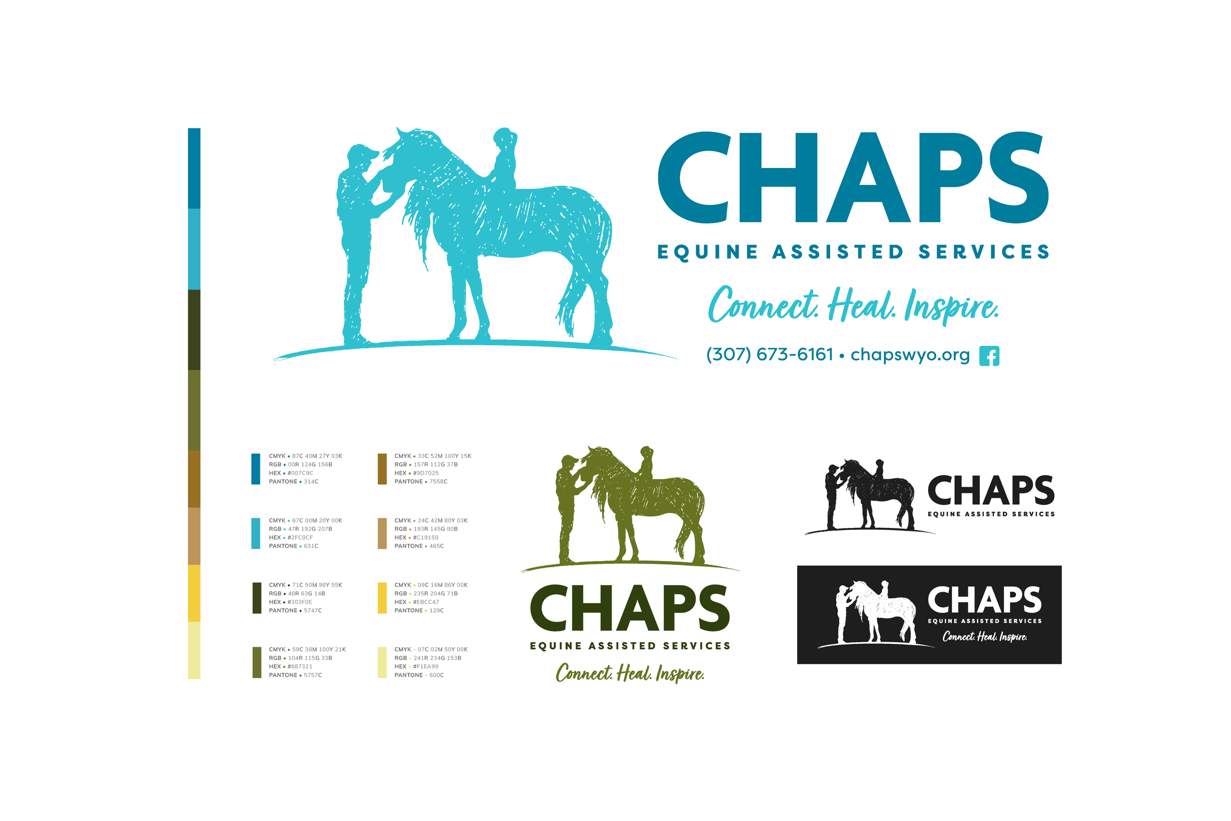 Branding elements including logo design and color palette.