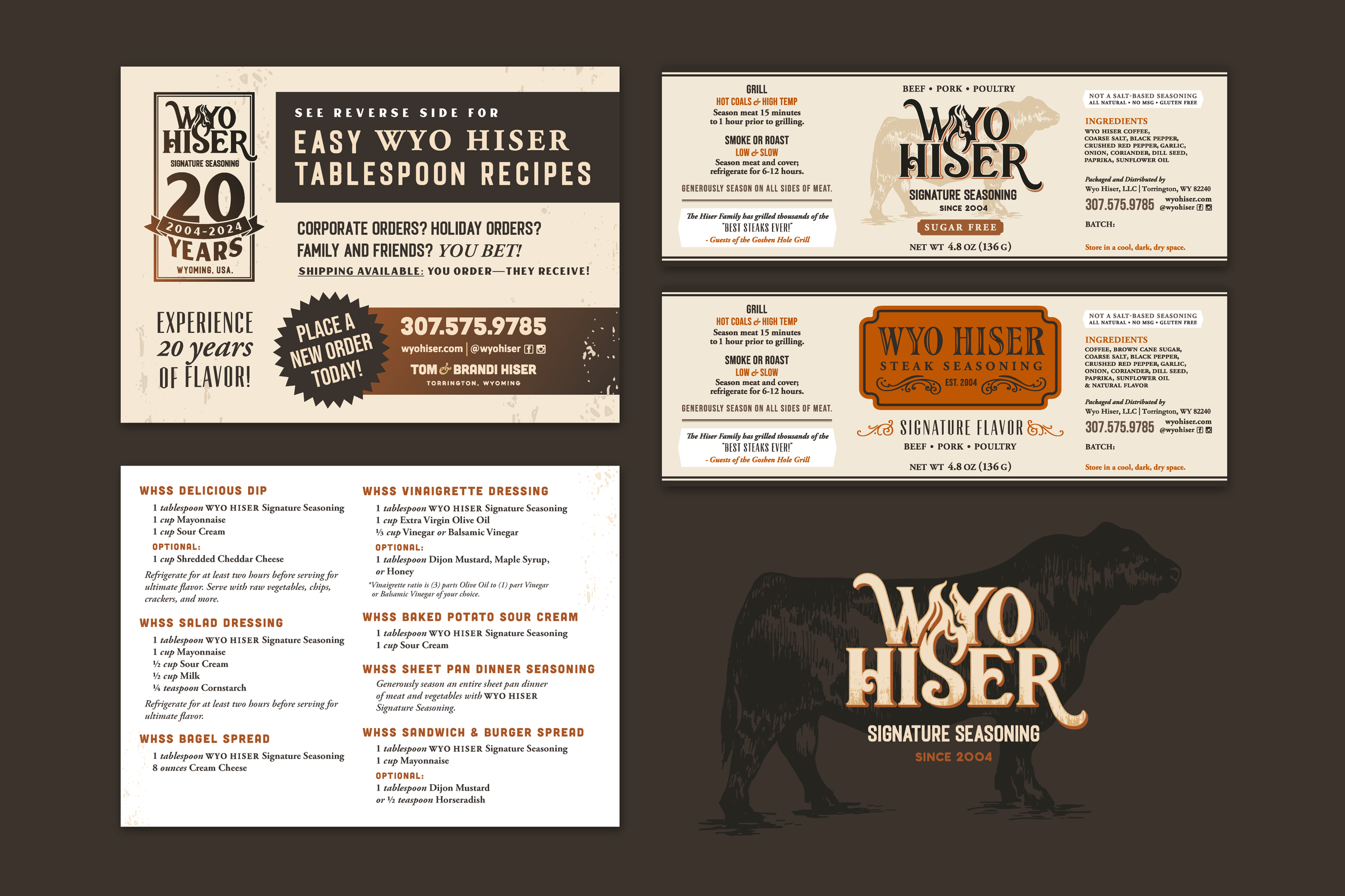Product label design, postcard design, and logo for Wyo Hiser Seasoning.