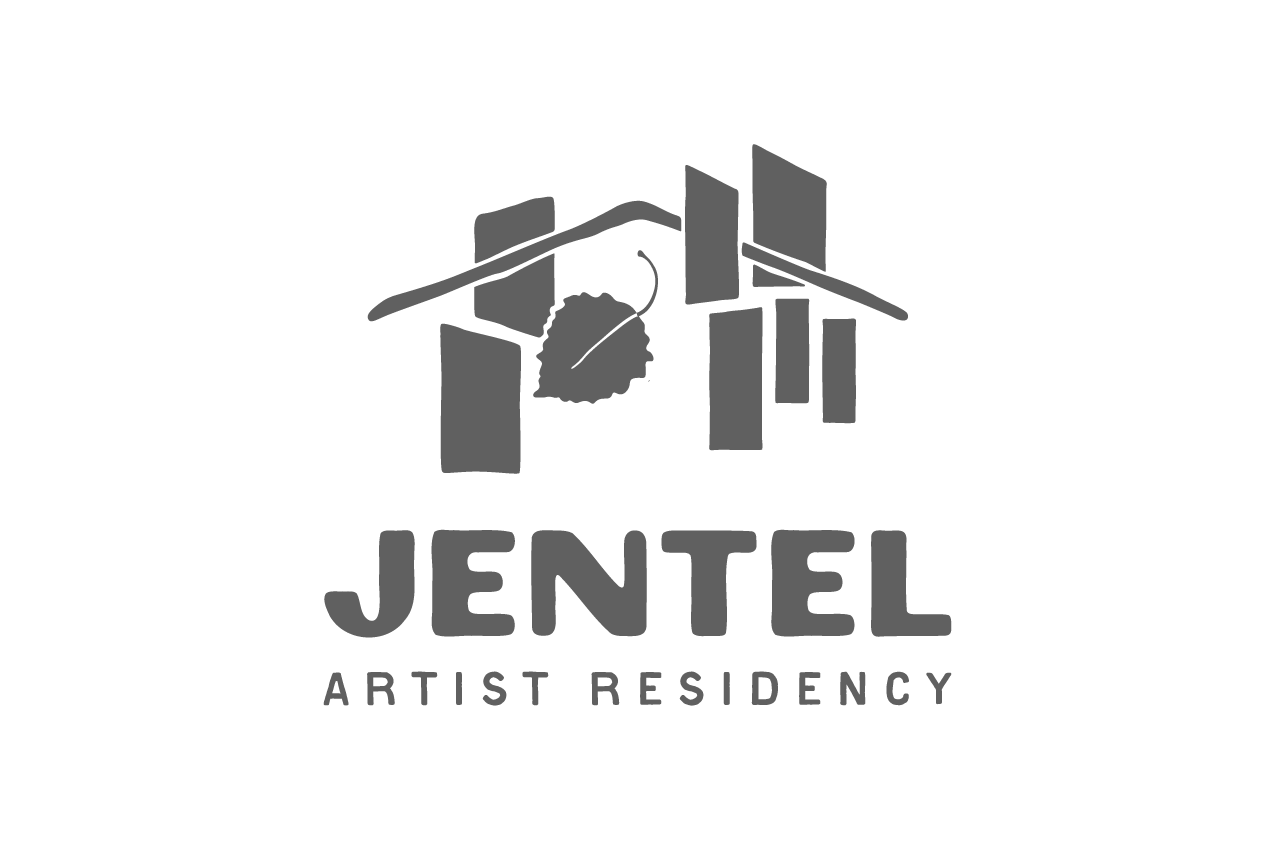 Logo for JENTEL Artist Residency featuring a house outline formed by rectangular shapes and a leaf with a paintbrush stroke, with the text "JENTEL ARTIST RESIDENCY" underneath.