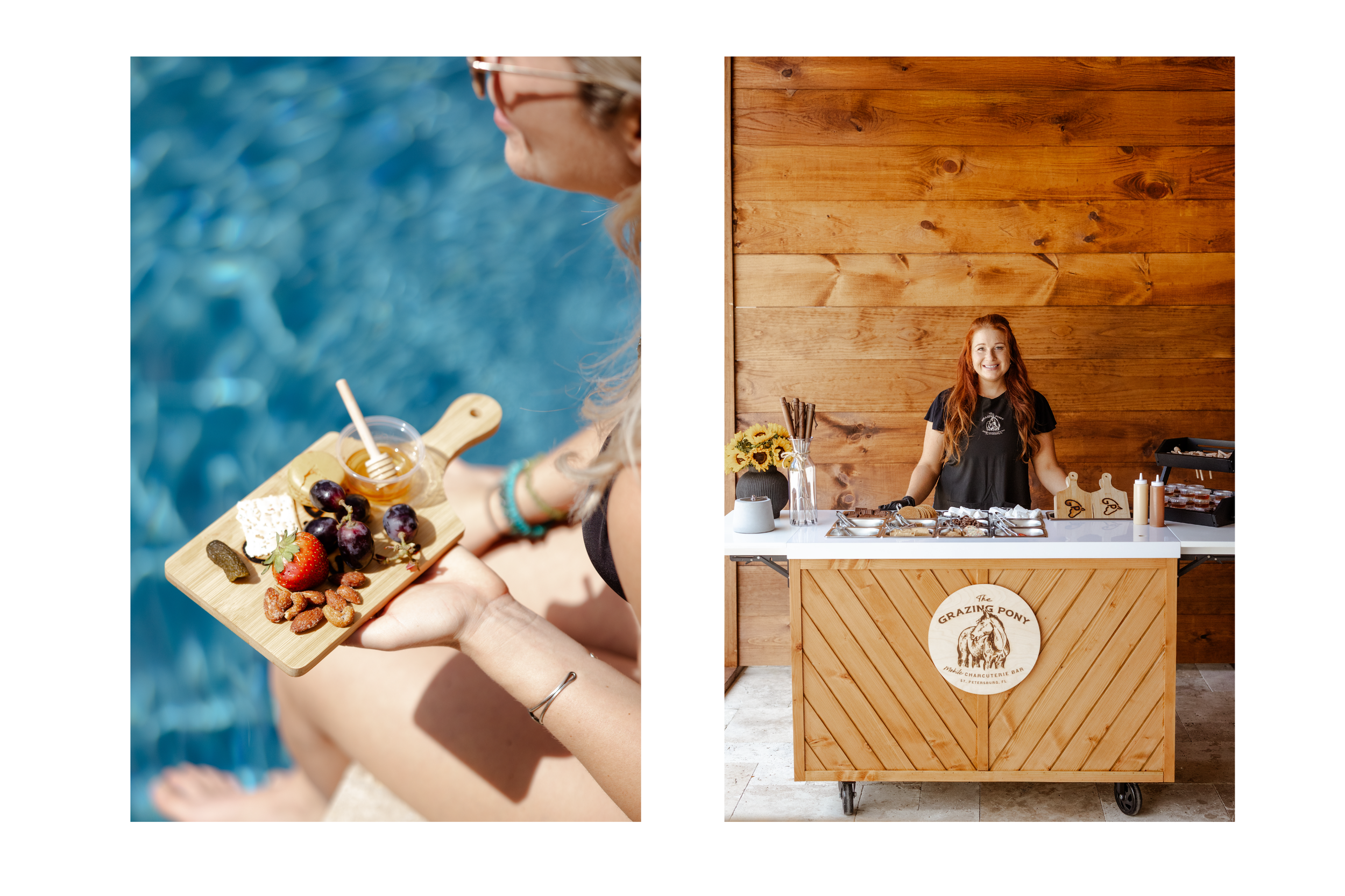 Closeup of plate of charcuterie poolside, image of mobile charcuterie cart at bridal shower.
