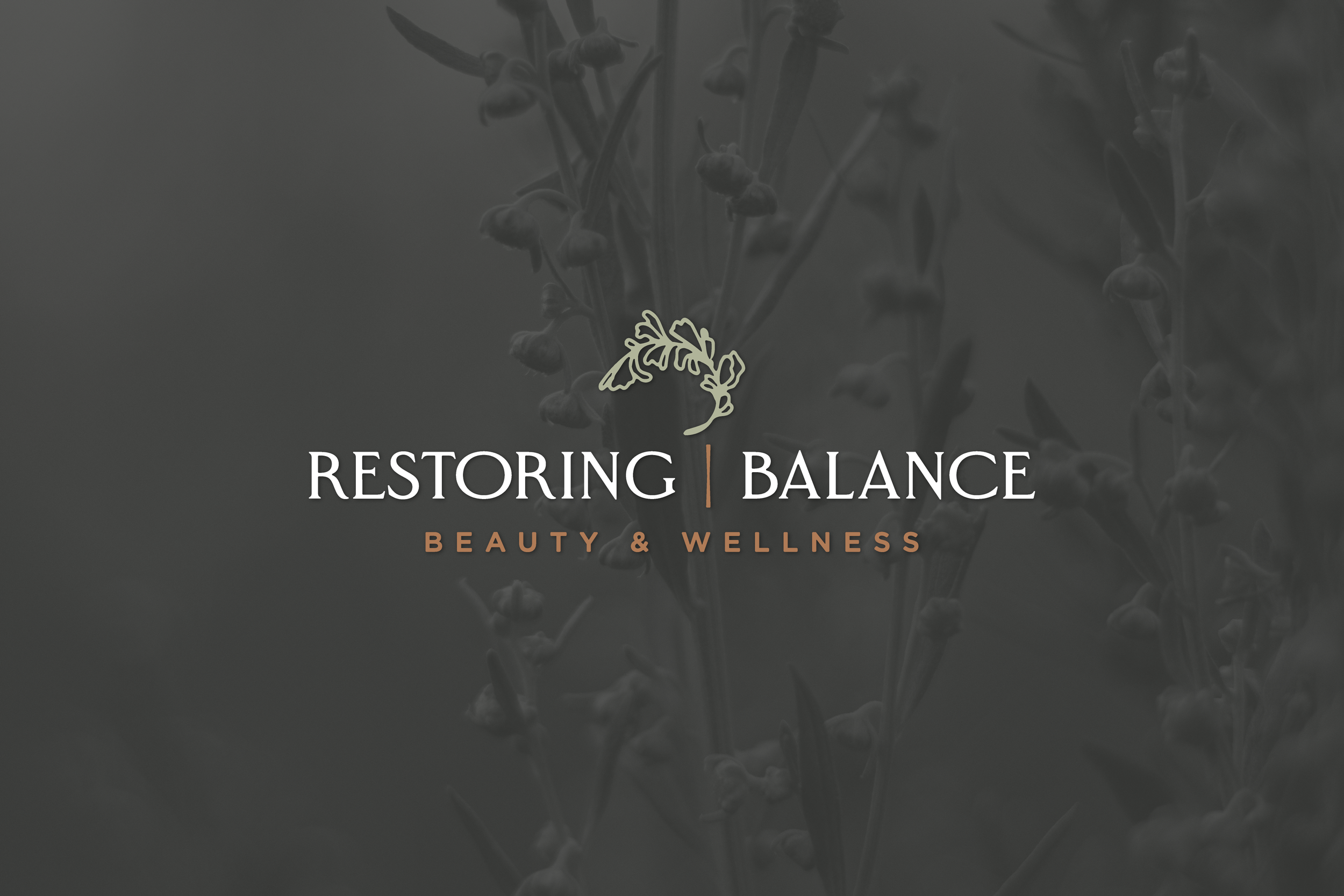 Main logo for Restoring Balance against a dark background with sage plant.