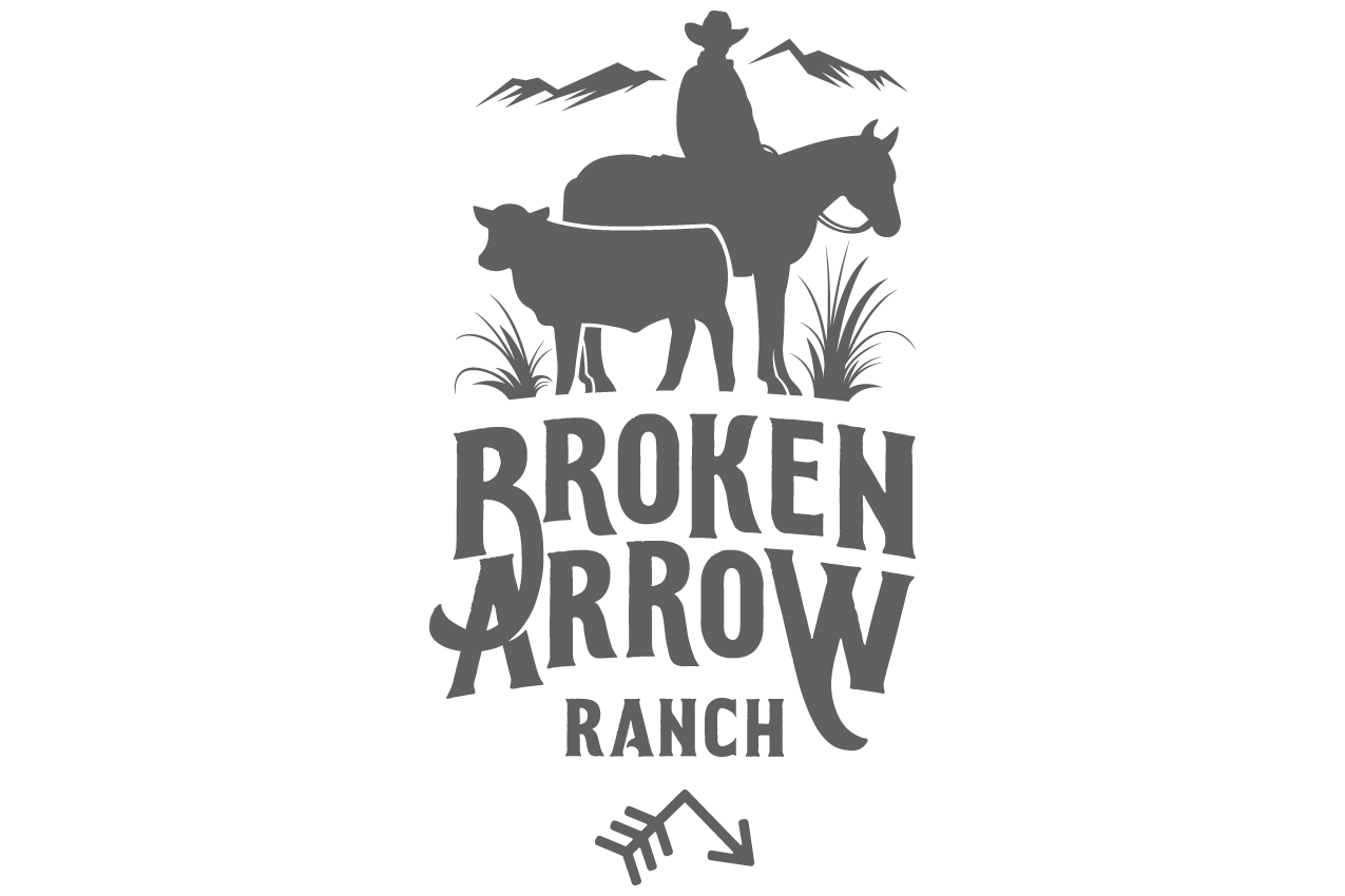 Logo for Broken Arrow Ranch featuring a silhouette of a cowboy on a horse, a cow, mountains, and grass with an arrow symbol below the text.