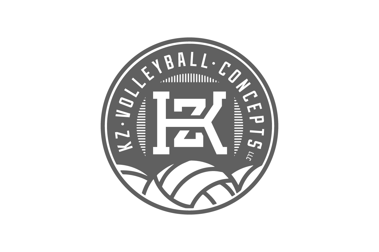 Black and white logo for KZ Volleyball Concepts featuring a large letter K in the center with a stylized volleyball design at the bottom and the name encircling the top.