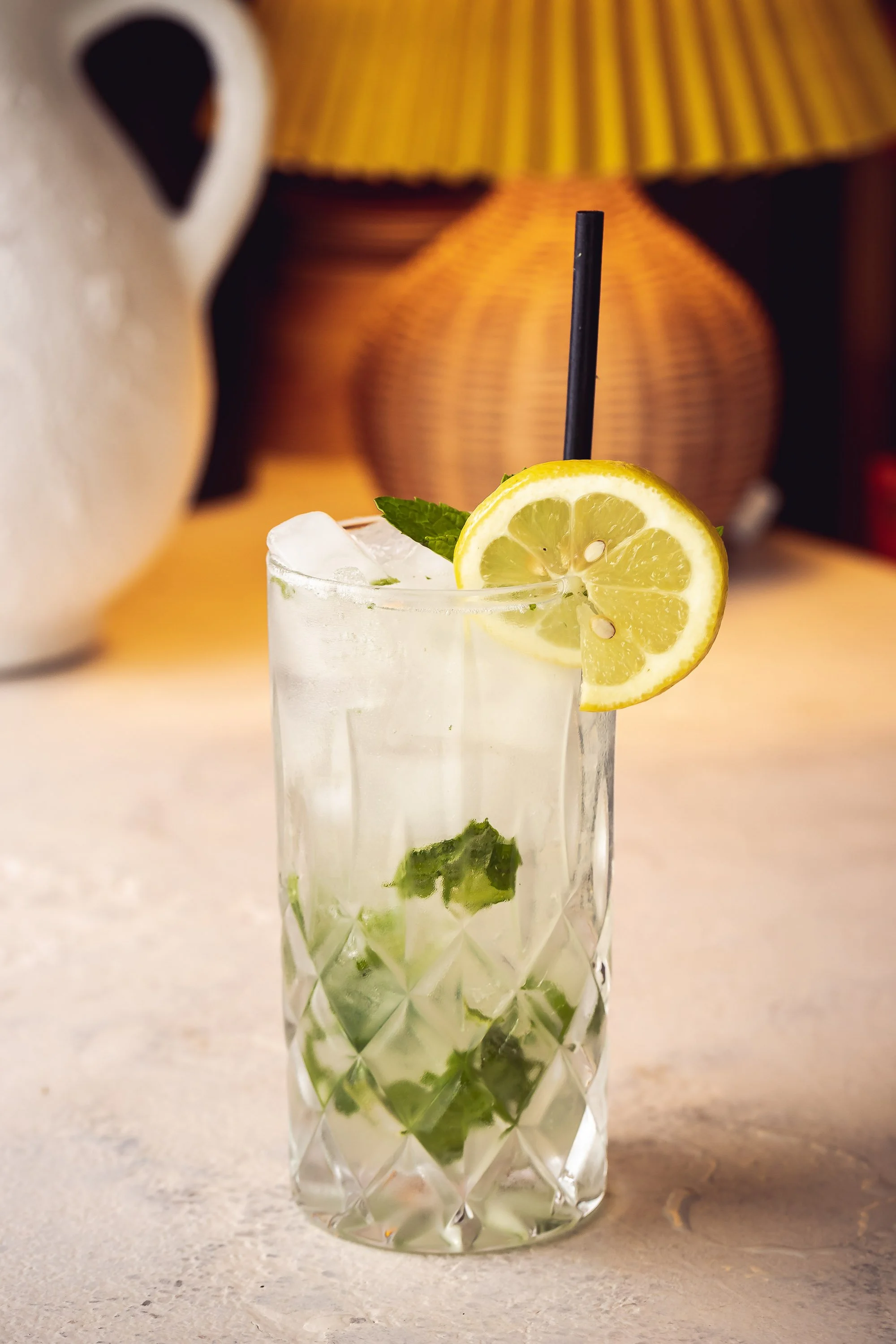 Clear mojito-style cocktail with mint, ice, and lemon wheel garnish in tall cut crystal glass
