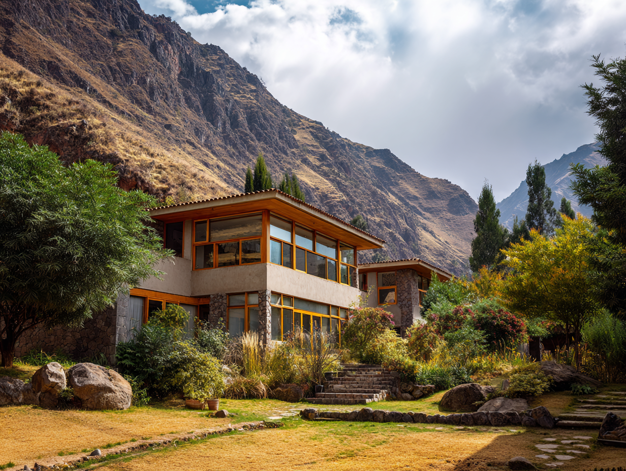 Casa moderna en un área montañosa con jardines, árboles y rocas, bajo un cielo parcialmente nublado.