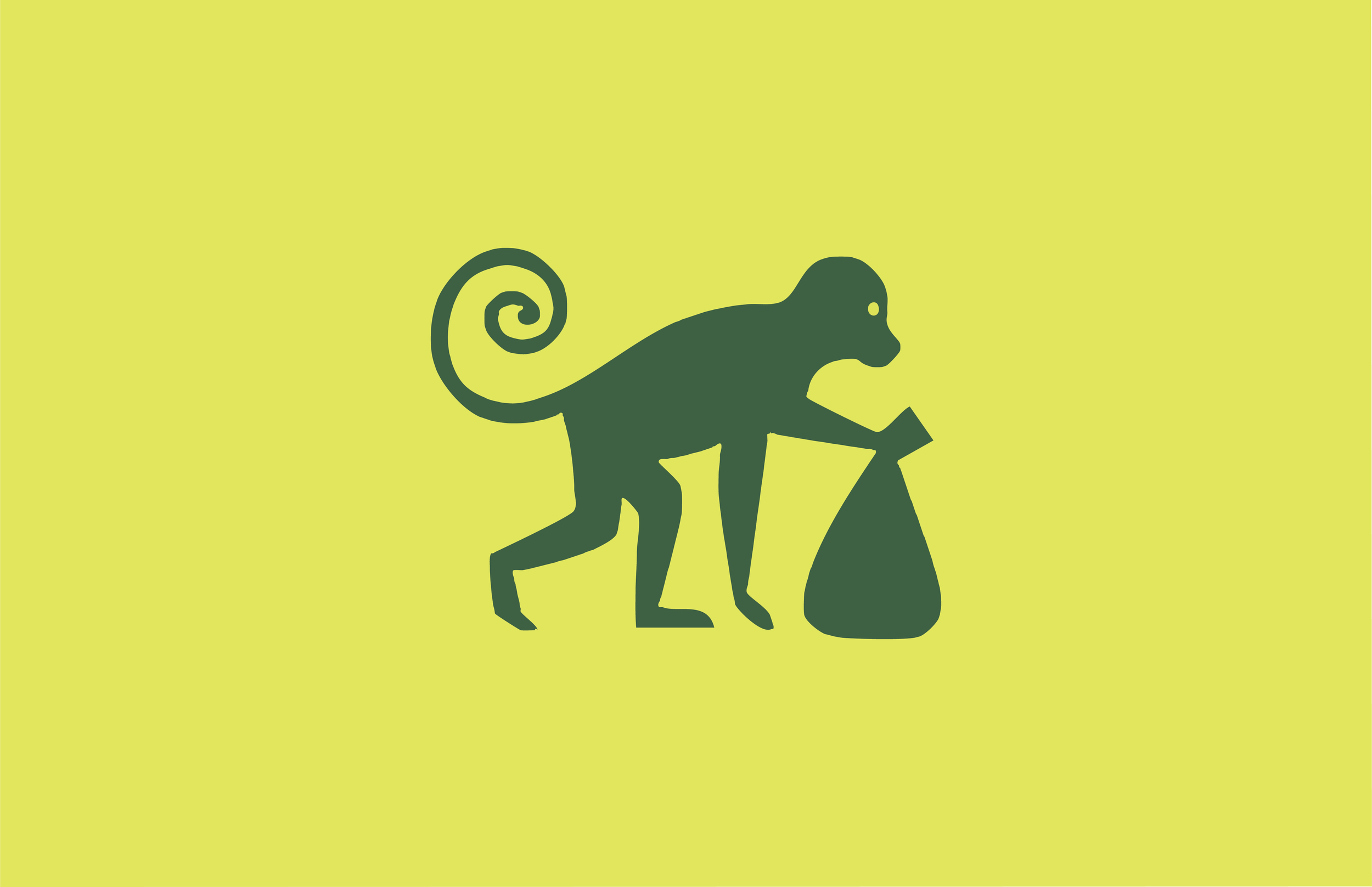 Silhouette of a primate with a curled tail, holding a rock, on a yellow background.