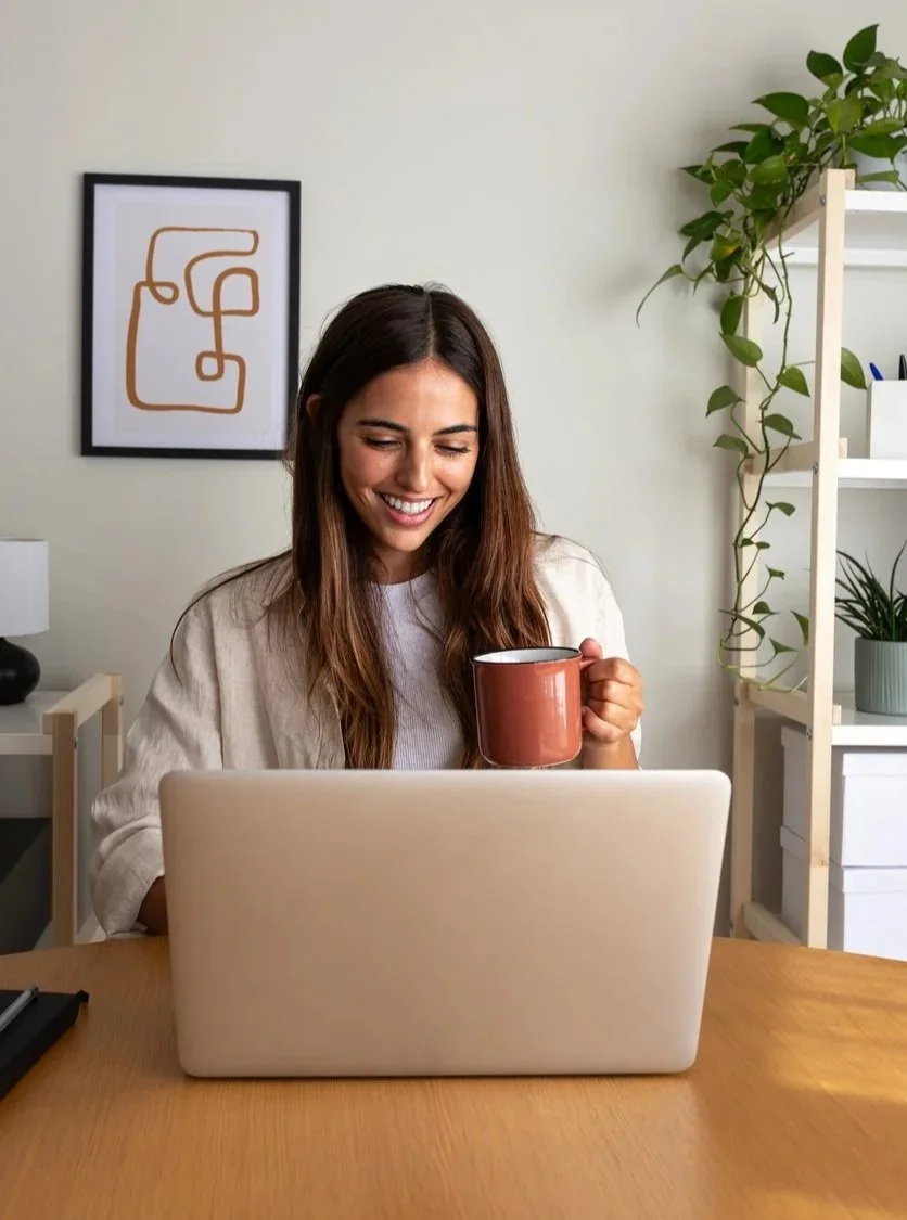 A woman sitting at a desk working on a laptop, holding a mug, smiling, with a framed abstract art piece on the wall and plants on a shelf in the background.