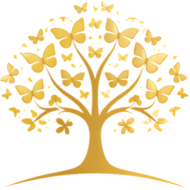 Lisa's gold logo: A tree with a brown trunk and branches, decorated with gold-colored butterflies as leaves, against a multicolored, abstract background.