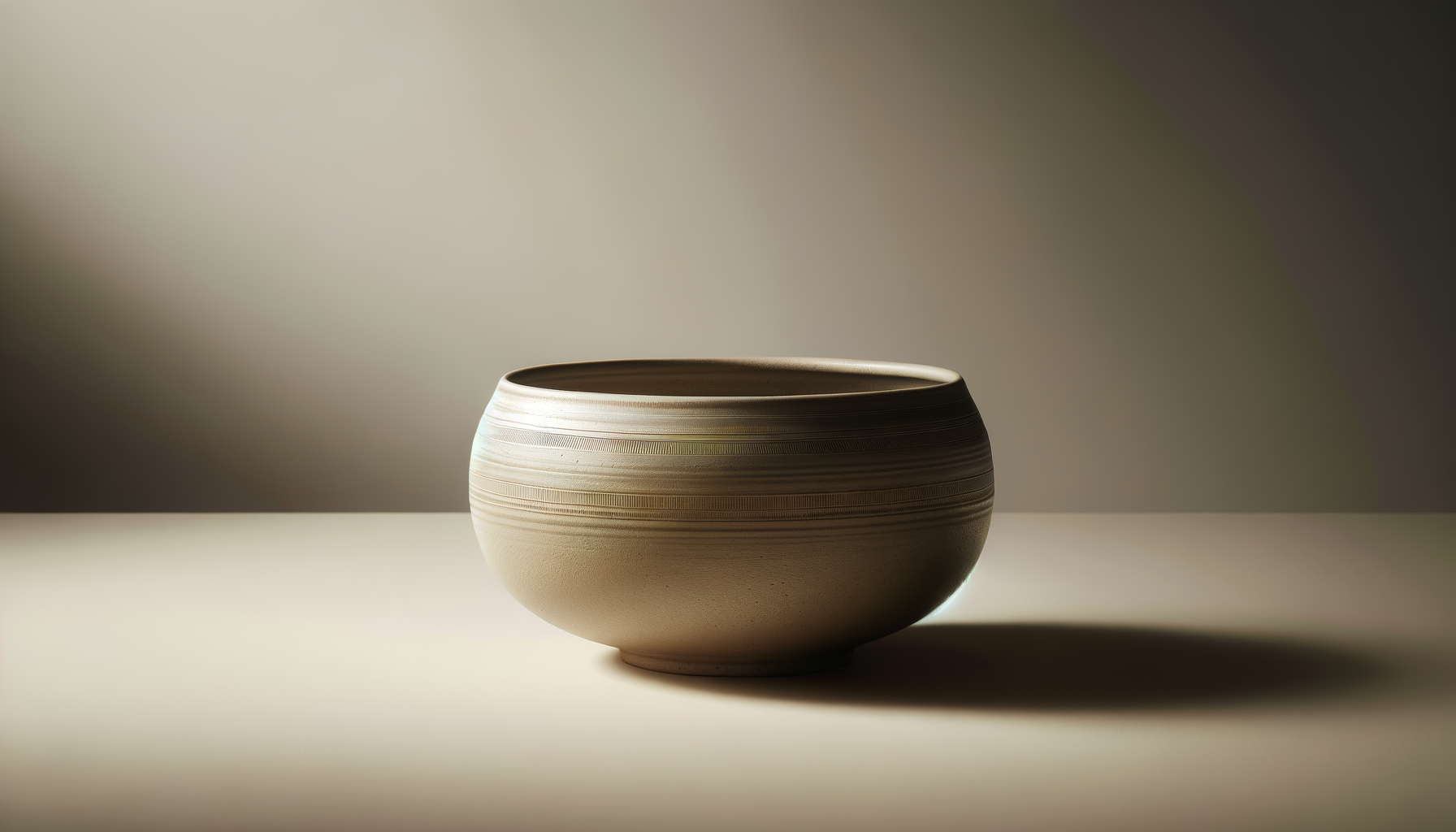 A simple, round ceramic bowl with horizontal textured lines, placed on a flat surface with a neutral background.