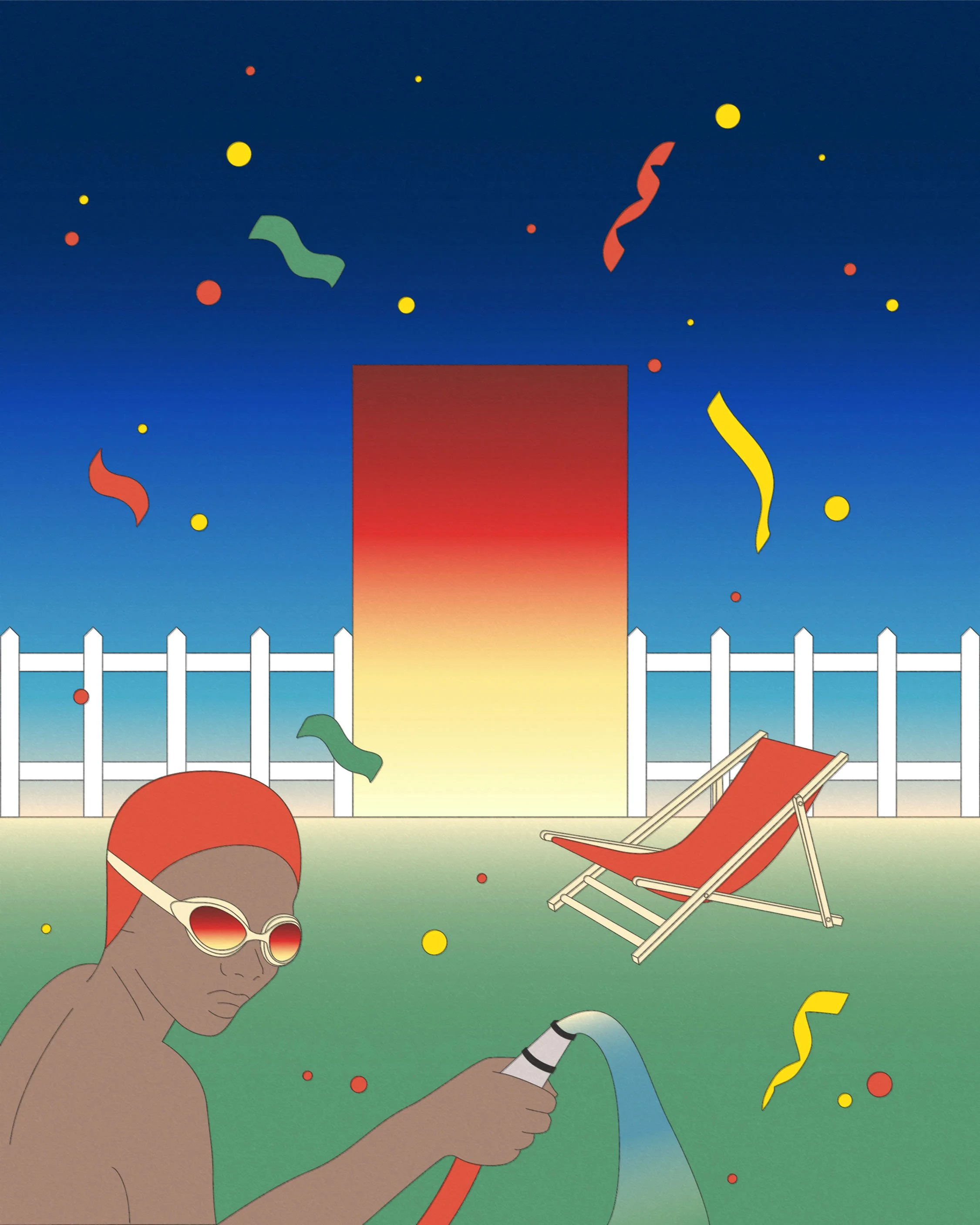 Un garçon portant des lunettes de natation et une bonnet de bain rouge, tenant un tuyau d'arrosage qui projette de l'eau sur l'herbe. En arrière-plan, un transat rouge, une clôture blanche et un ciel étoilé avec des confettis colorés.