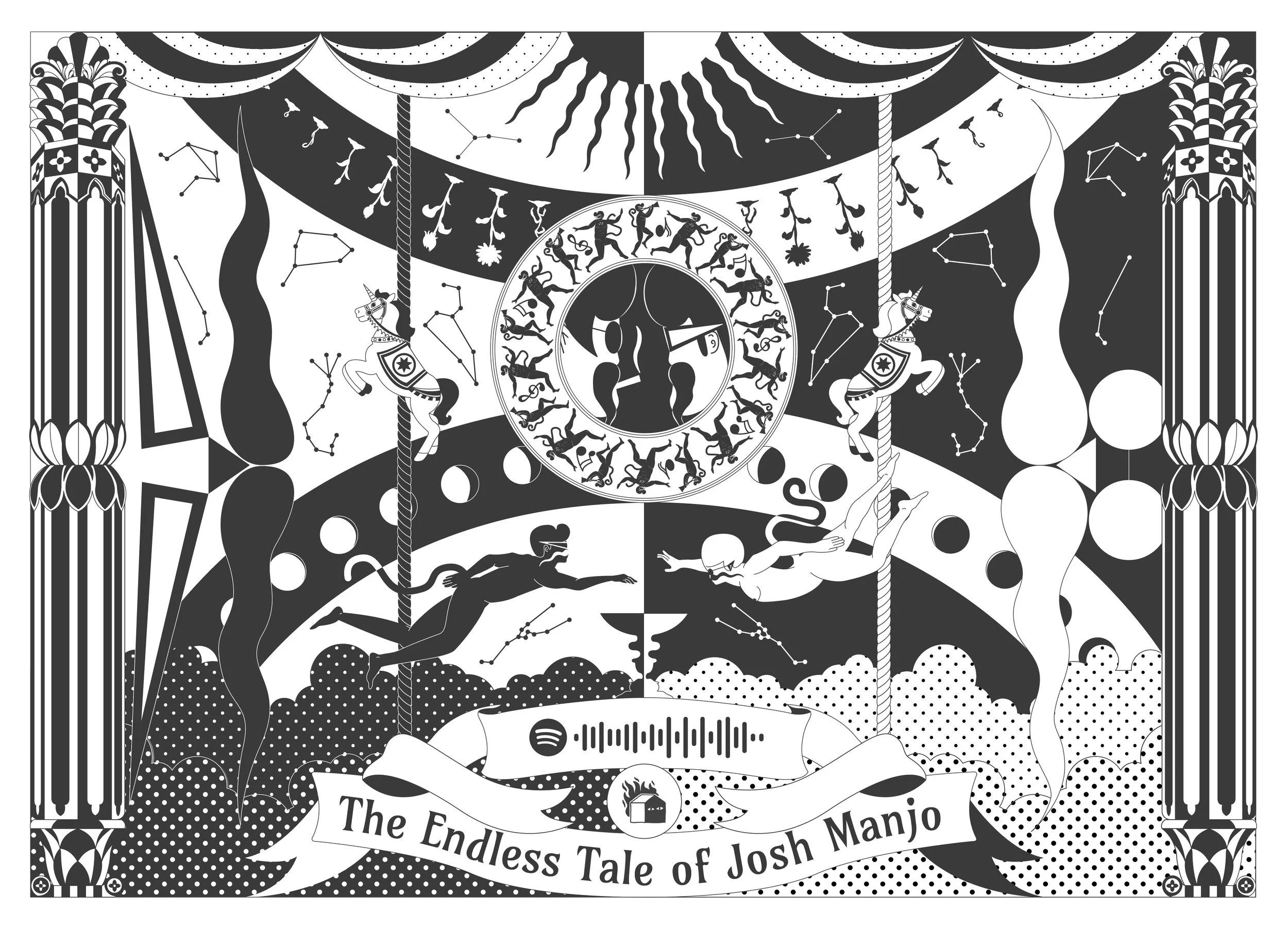 Illustration en noir et blanc de style rétro représentant deux personnes nageant dans le ciel avec des éléments cosmiques, des licornes et des constellations, entourée de colonnes ornées et une bannière avec le texte "The Endless Tale of Josh Manjo".