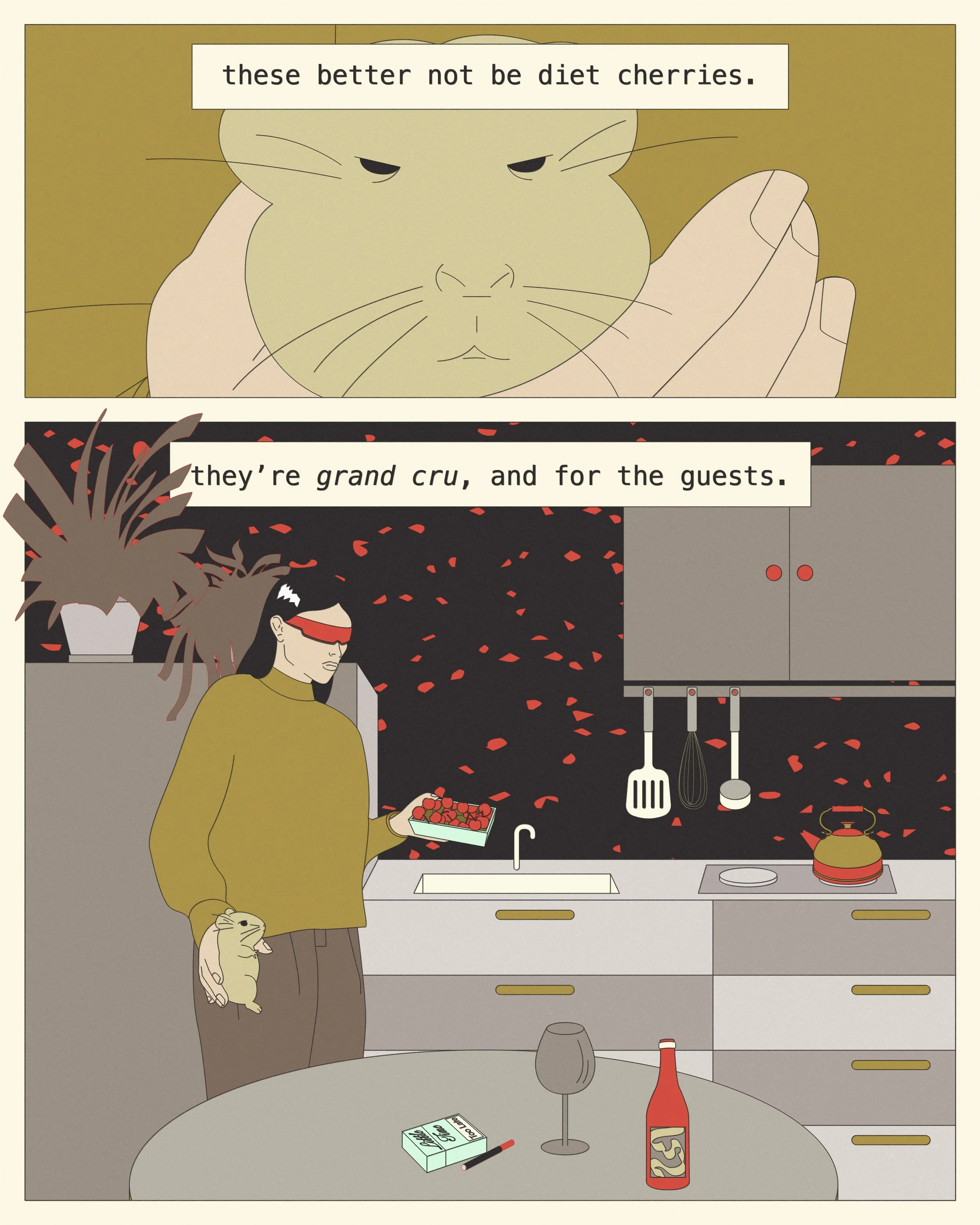 Une illustration graphique indigène avec deux parties : en haut, un chat domestique avec un message disant 'these better not be diet cherries'; en bas, une femme portant un bandeau pour les yeux, tenant une boîte de cerises, avec une araignée de cuis