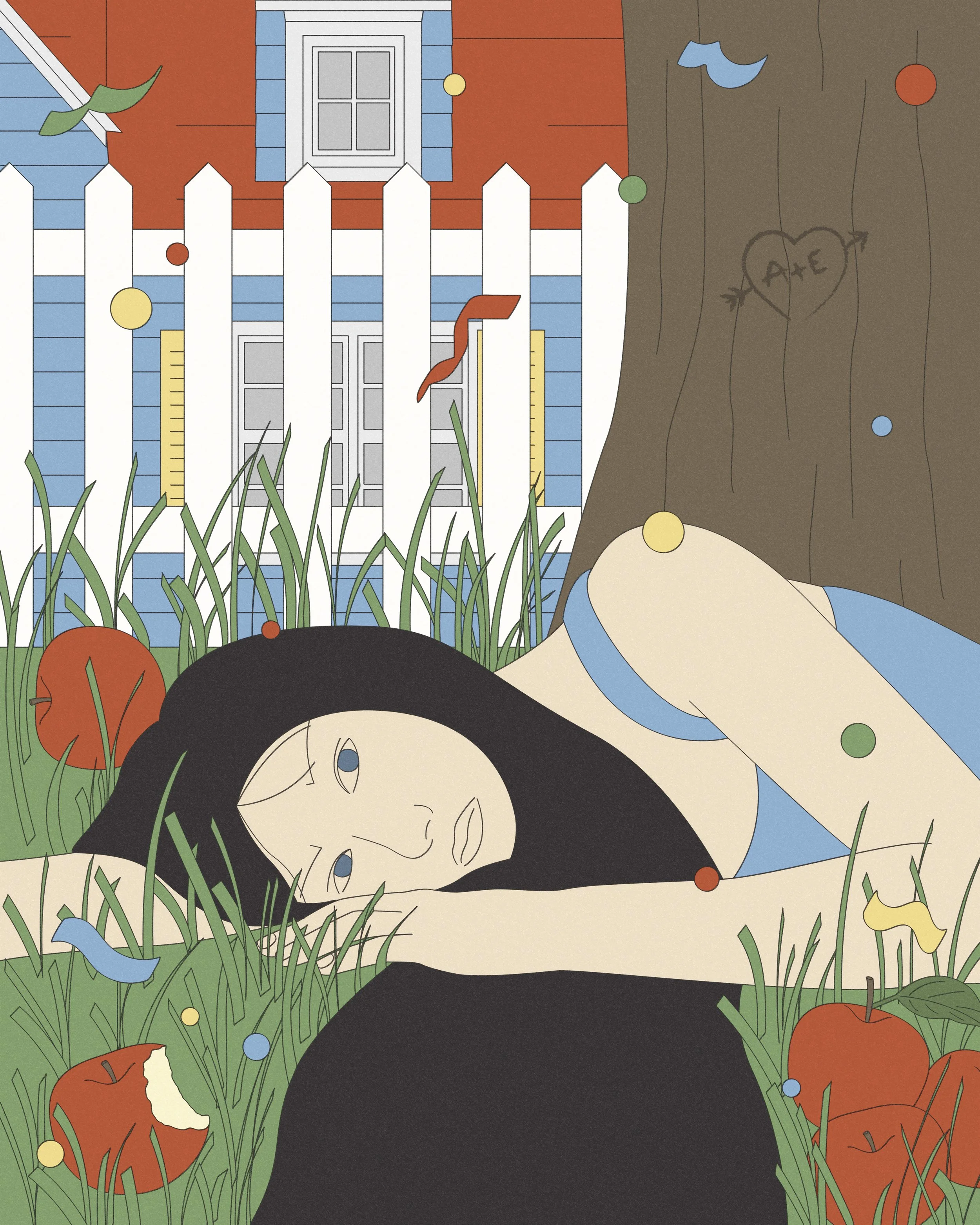 Une femme allongée dans l'herbe devant une maison colorée avec une clôture en bois. Il y a des pommes, des cotillons, et un arbre avec un cœur gravé à l'arrière.