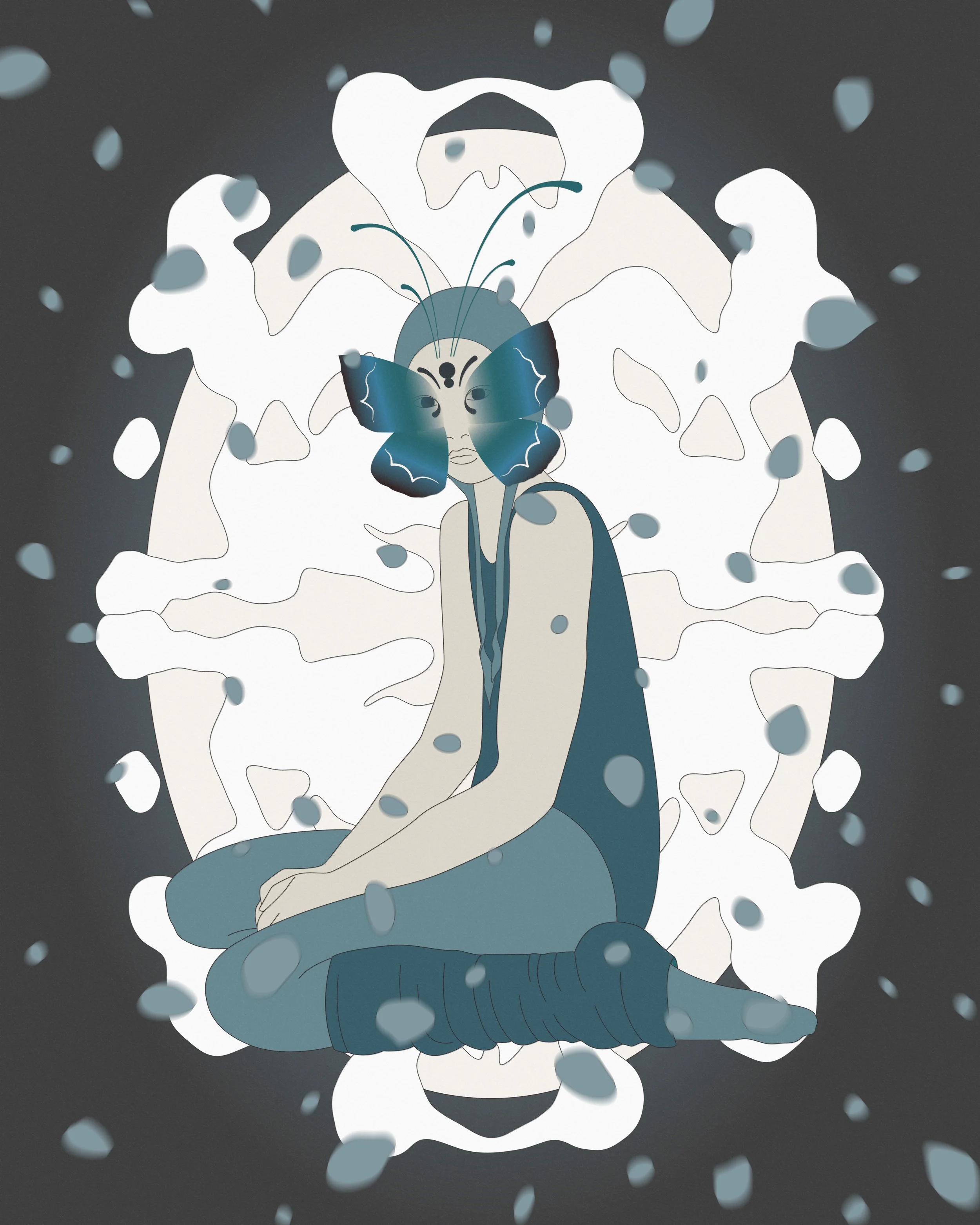 Une illustration d'une femme assise, portant une coiffure en forme de papillon bleu, entourée de pétales blancs qui flottent dans l'air, avec un fond sombre.