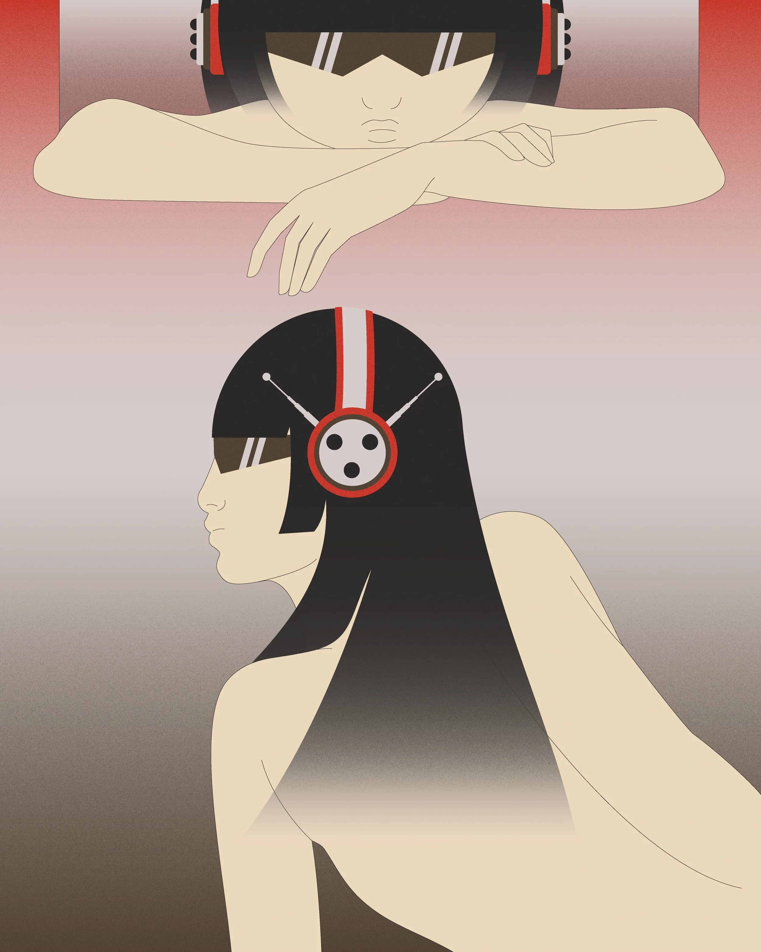 Deux femmes avec des écouteurs noirs et rouges, l'une au premier plan vue de profil et l'autre au fond, face contre terre avec les bras croisés, style artistique minimaliste.