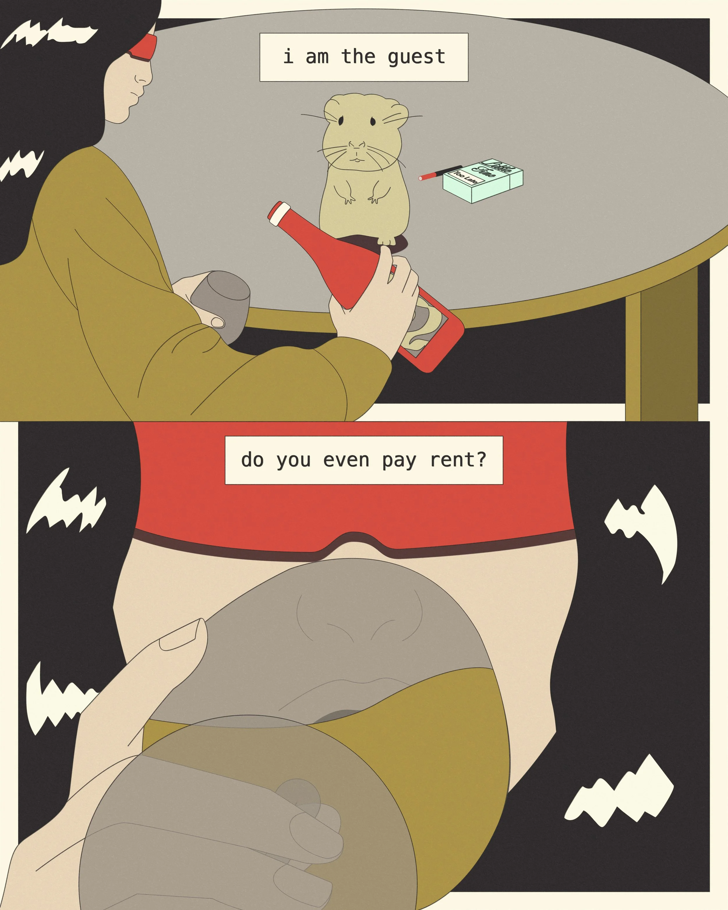 Un dessin en deux parties montrant une femme portant des lunettes de soleil rouges et une robe jaune foncé, détournant un regard sérieux vers un petit animal (qui ressemble à une souris ou un hamster) sur une table. La femme tient une bouteille de bo