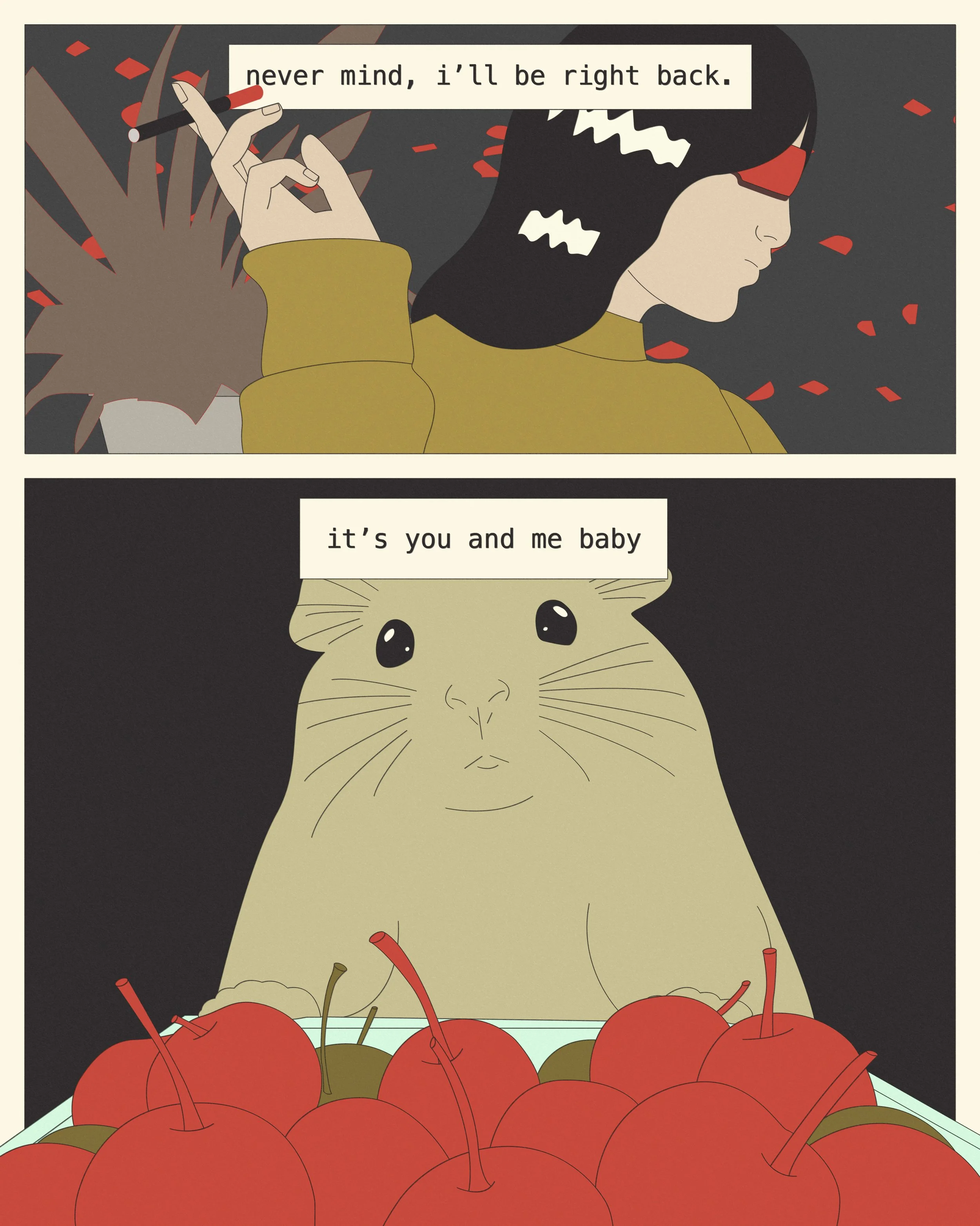 Une femme portant un bandeau rouge sur les yeux, tenant un cigarette, dans un style graphique minimaliste, avec un chat beige au centre, entouré de cerises rouges, dans une ambiance sombre.