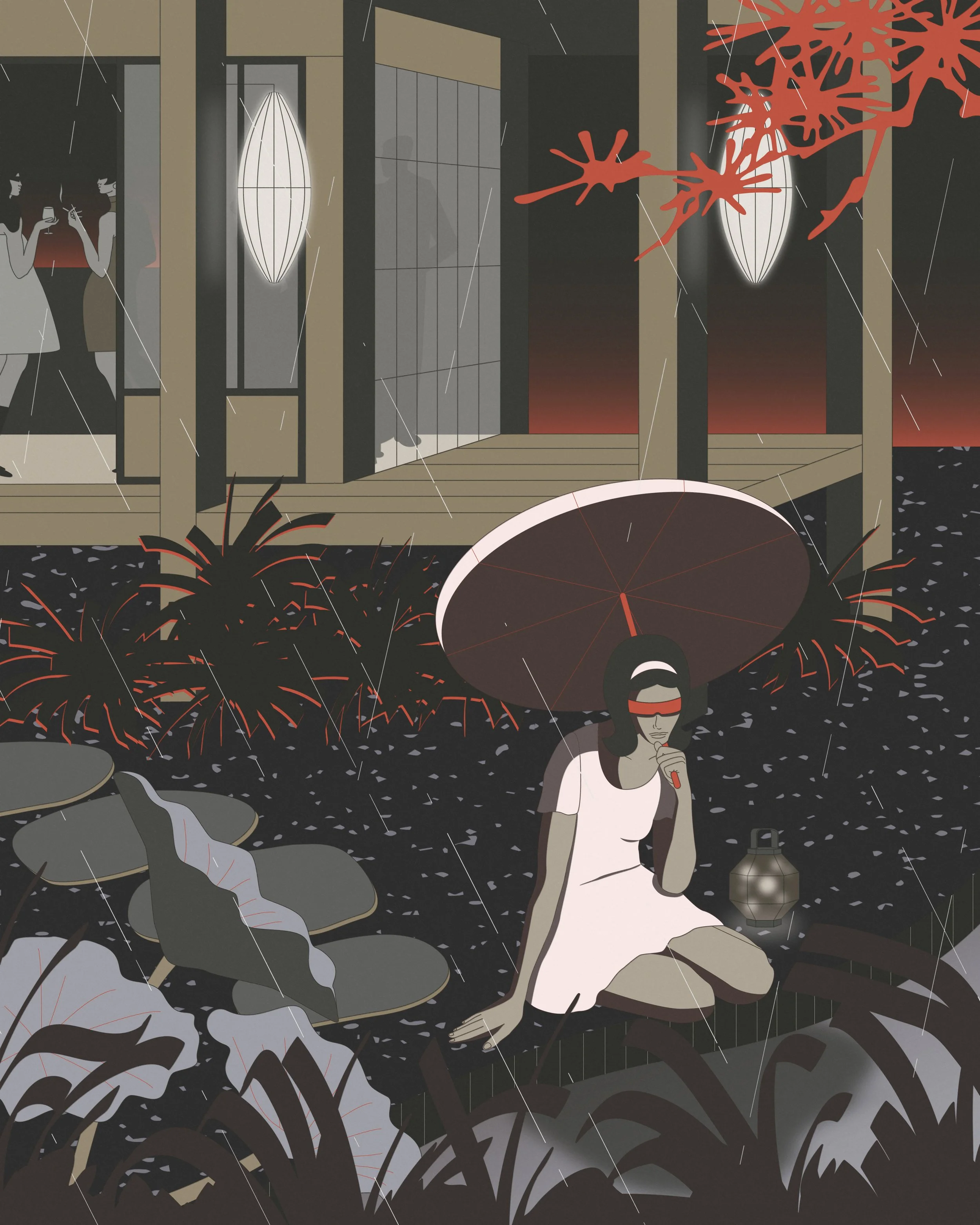 Une femme portant un masque de réalité virtuelle, assise sur le sol dans un jardin la nuit, sous un grand parasol. Derrière elle, il y a une maison moderne avec des fenêtres illuminées, un arbre avec des branches rouges, et des feux d'artifice dans l