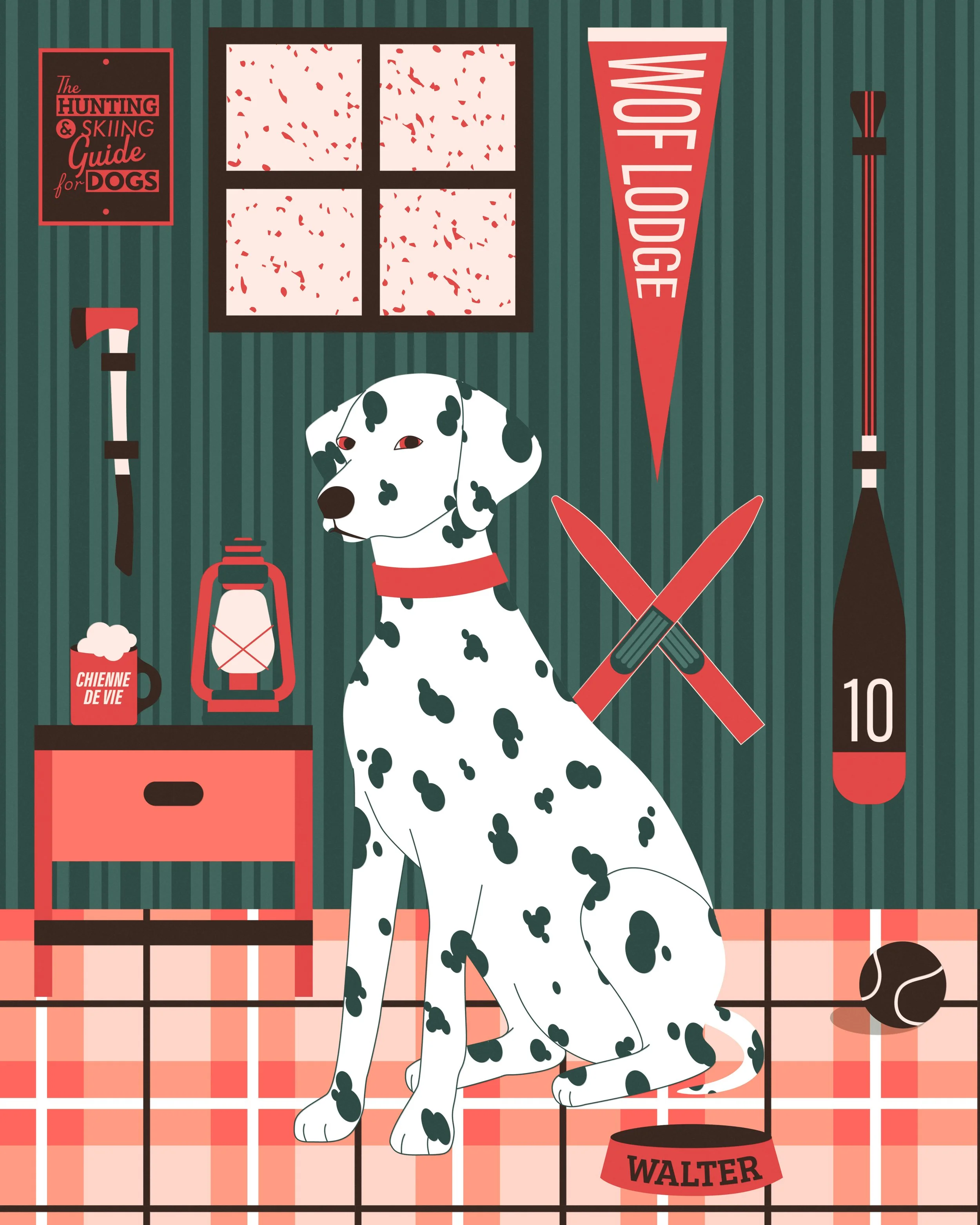 Illustration d'un Dalmatien assis dans une pièce de style rustique avec objets de chien de chasse, un guide de chasse pour chiens, une plaque 'Chiens de vie', un lampe, un mug, des skis croisés, un drapeau 'VOF LOGE', un bâton de hockey, une balle, e